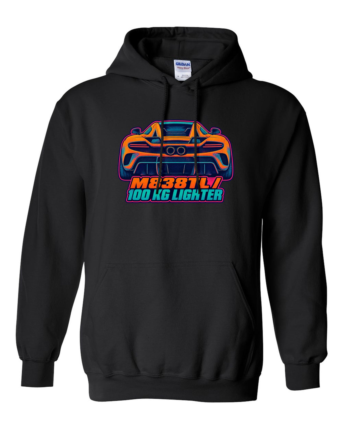 Risograph spot colour print of the McLaren 675LT flying buttress with M838TL and 100 kg Lighter lettering black pull over hoodie front view with the design