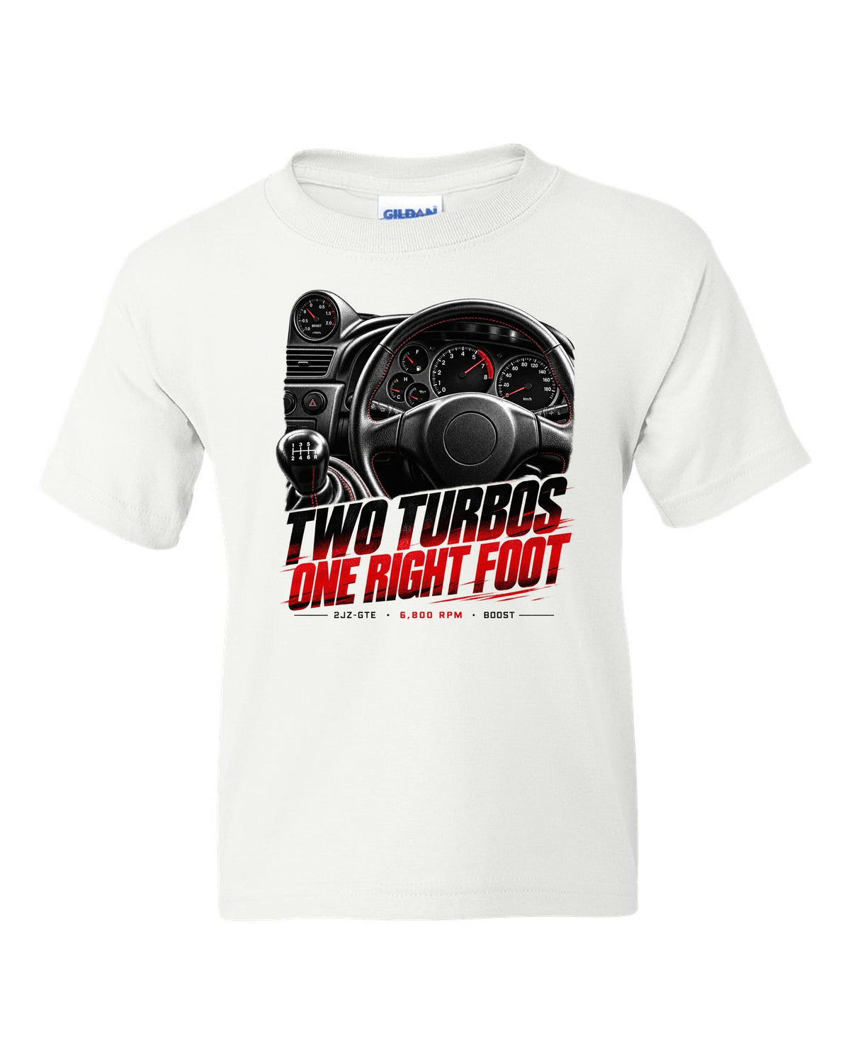 Cockpit and gauge print of a Toyota Supra A80 JZA80 with 6,800 redline white kids tee front view with the design