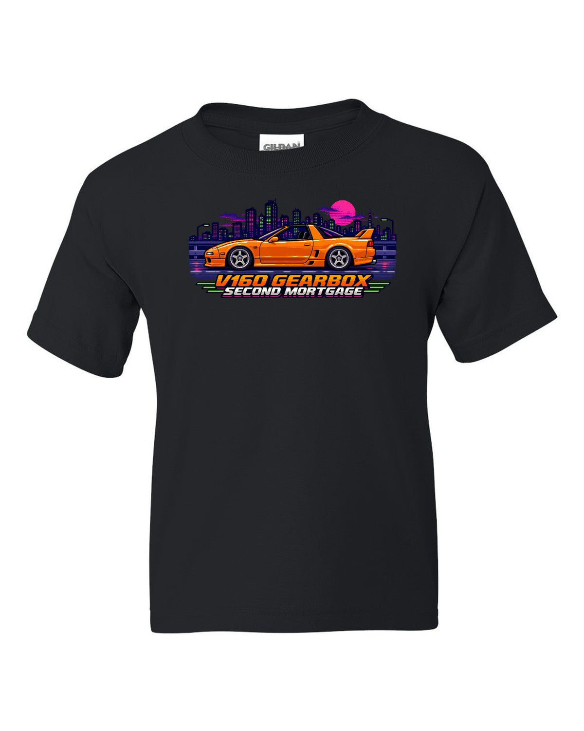 16-bit pixel art print of a Toyota Supra JZA80 with V160 gearbox second mortgage lettering black kids tee front view with the design