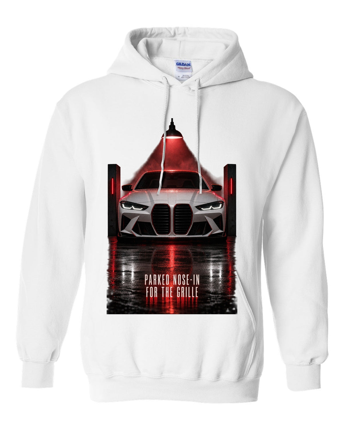 BMW G80 M3 garage night print with parked nose-in for the grille text white pull over hoodie front view with the design