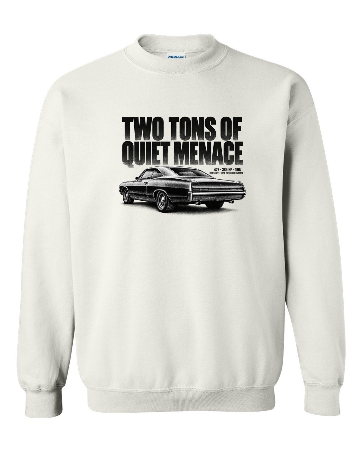 1967 Impala SS 427 two-door hardtop halftone print with 385 HP text white crewneck front view with the design