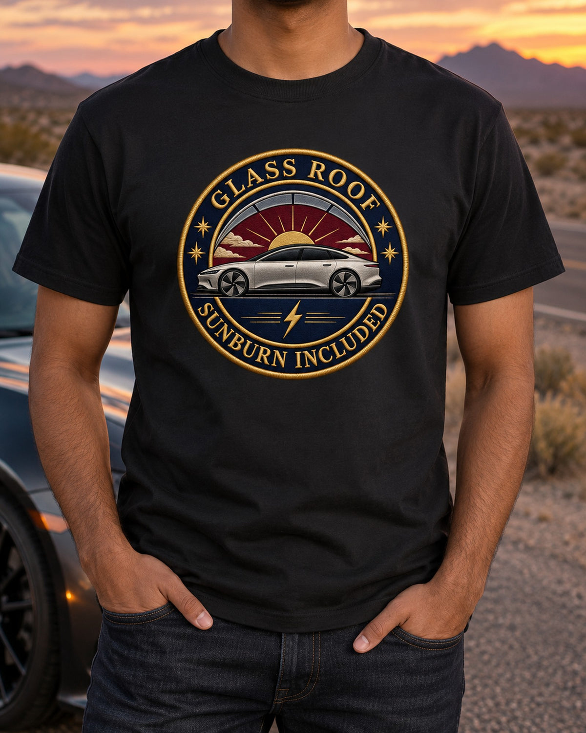 Lucid Air Sapphire Glass Roof Round Crest Shirt, EV Gift T-Shirt Black worn hero