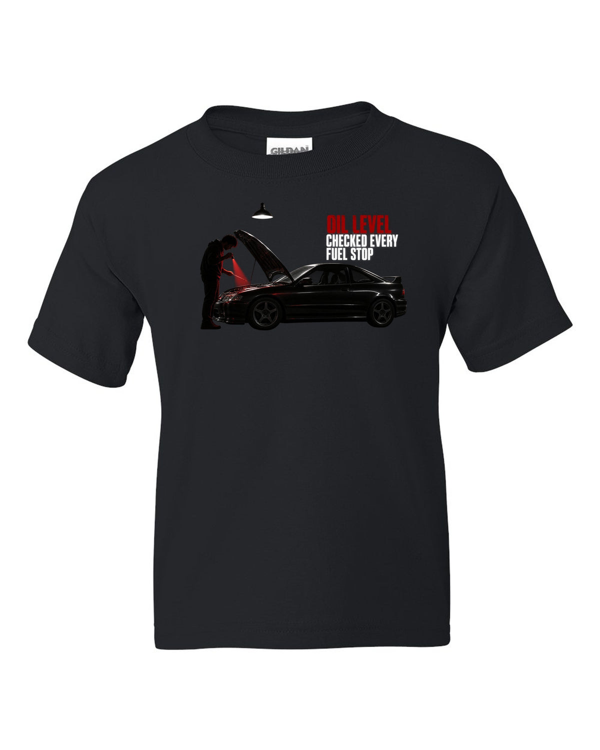 BMW E46 M3 coupe garage night print with oil level checked every fuel stop text black kids tee front view with the design