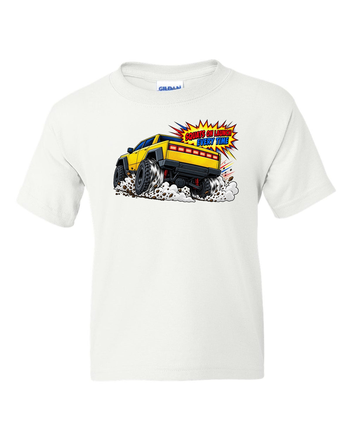 GMC Hummer EV comic halftone print with the words Squats On Launch Every Time white kids tee front view with the design