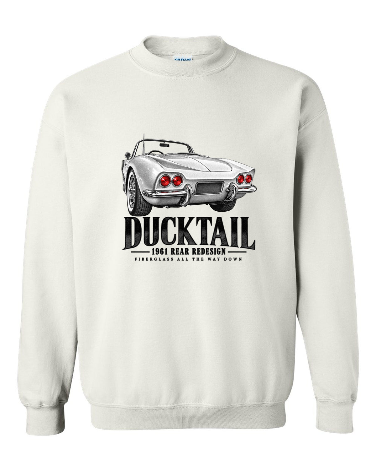 Chevrolet Corvette C1 1961 rear ducktail detail print white crewneck front view with the design