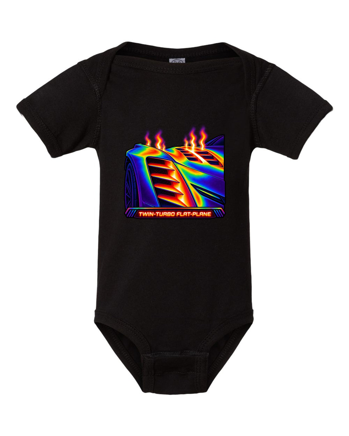 Infrared thermal gradient print of a fender vent on a 2025 Chevrolet Corvette C8 ZR1 with Twin-Turbo Flat-Plane text black baby onesie front view with the design