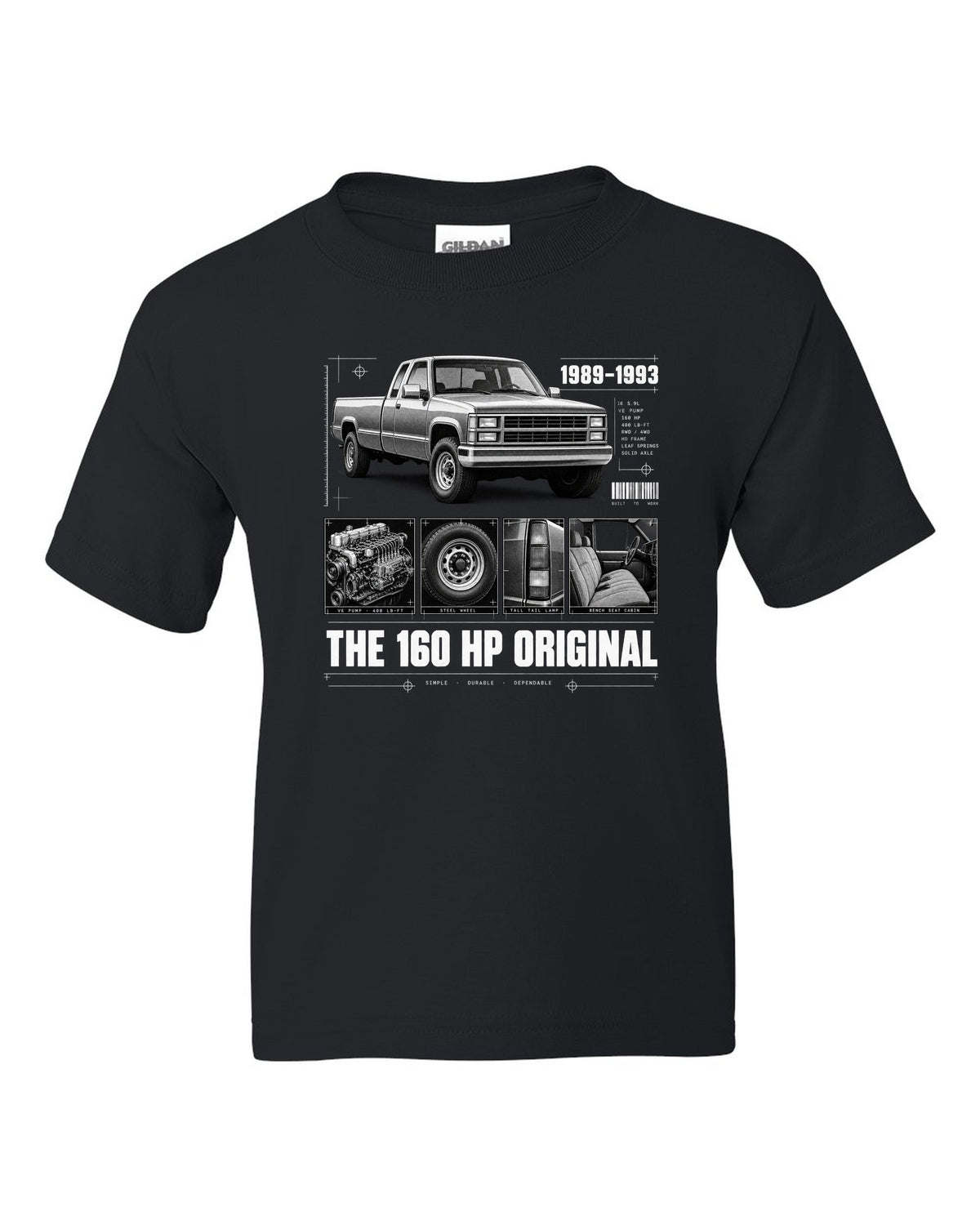 Dossier print of a 1989-93 Dodge D250 1st gen Cummins with VE pump and torque figures black kids tee front view with the design