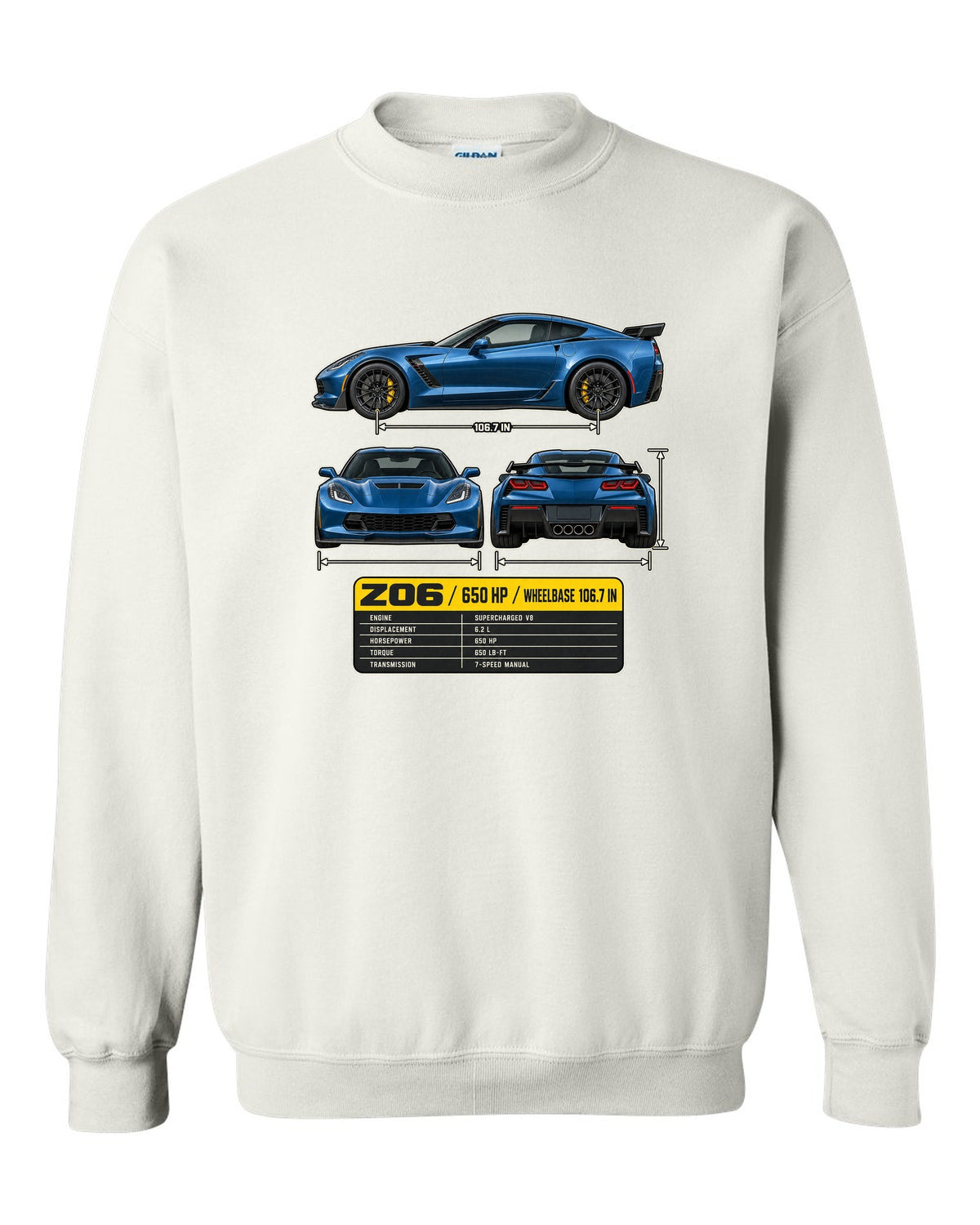 print of a Chevrolet Corvette C7 Z06 three-view drawing with a spec table white crewneck front view with the design
