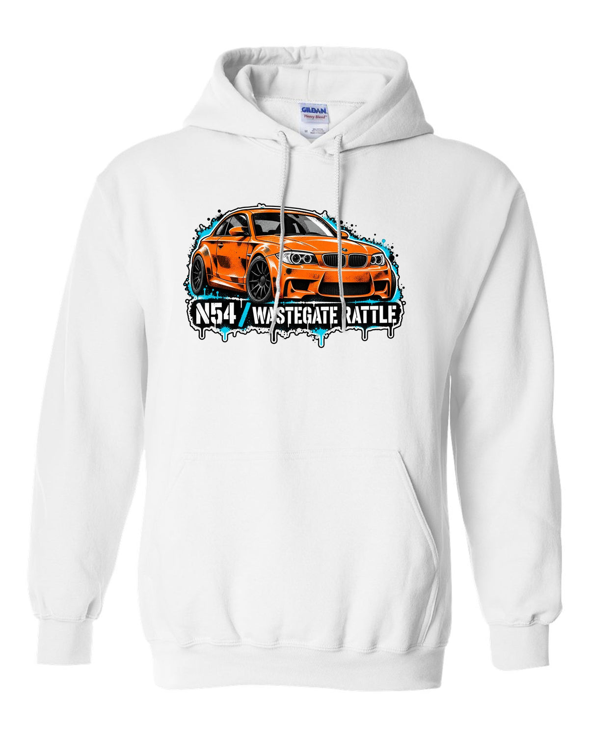 Embroidery-style varsity crest print of a BMW M1 E26 with louvre rear text white pull over hoodie front view with the design