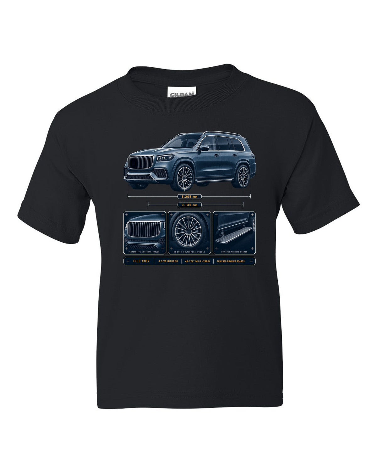 print dossier panels of a Mercedes-Maybach GLS 600 X167 in blue-grey black kids tee front view with the design