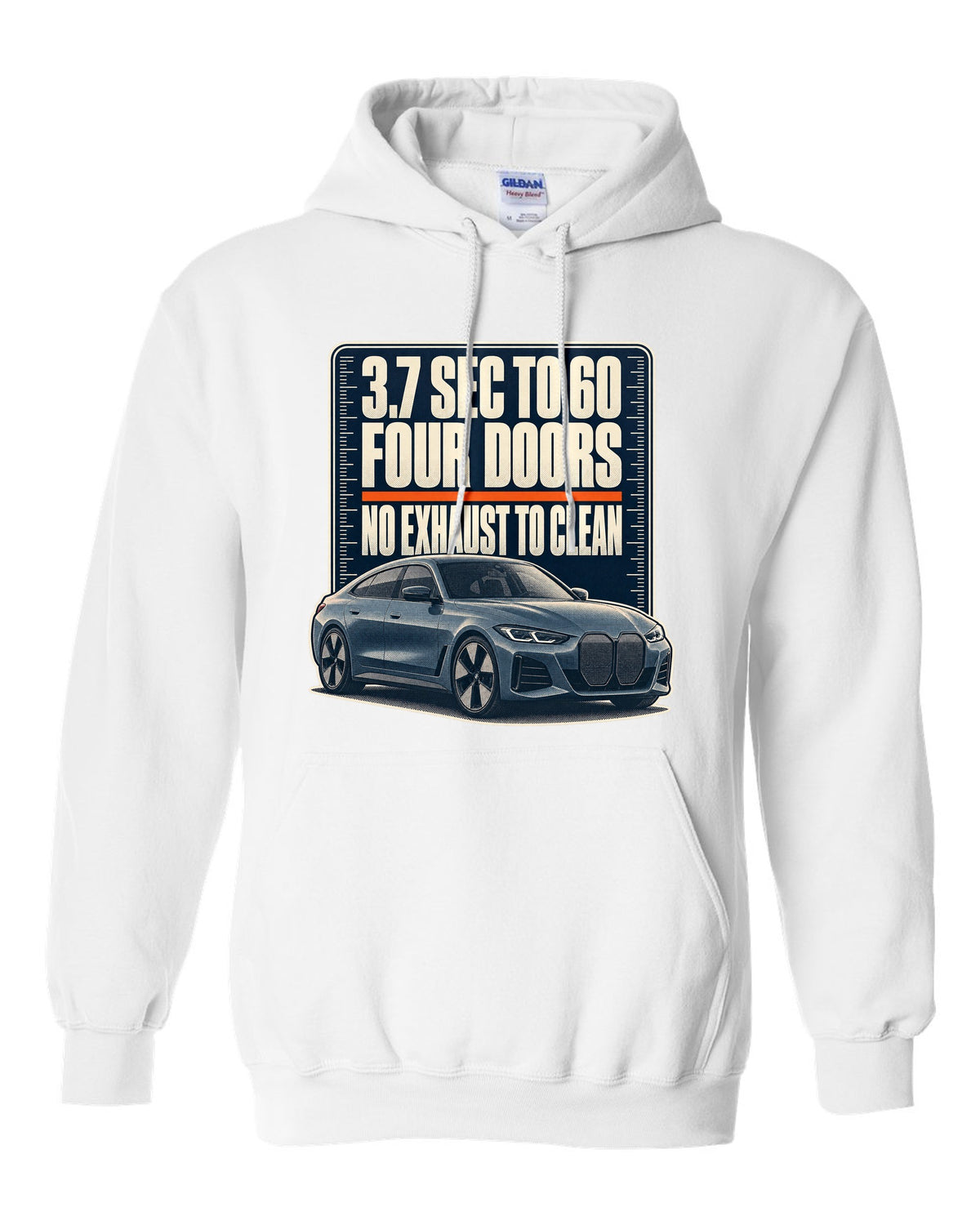 Halftone print of the BMW i4 M50 G26 with 3.7 second 0-60 time white pull over hoodie front view with the design