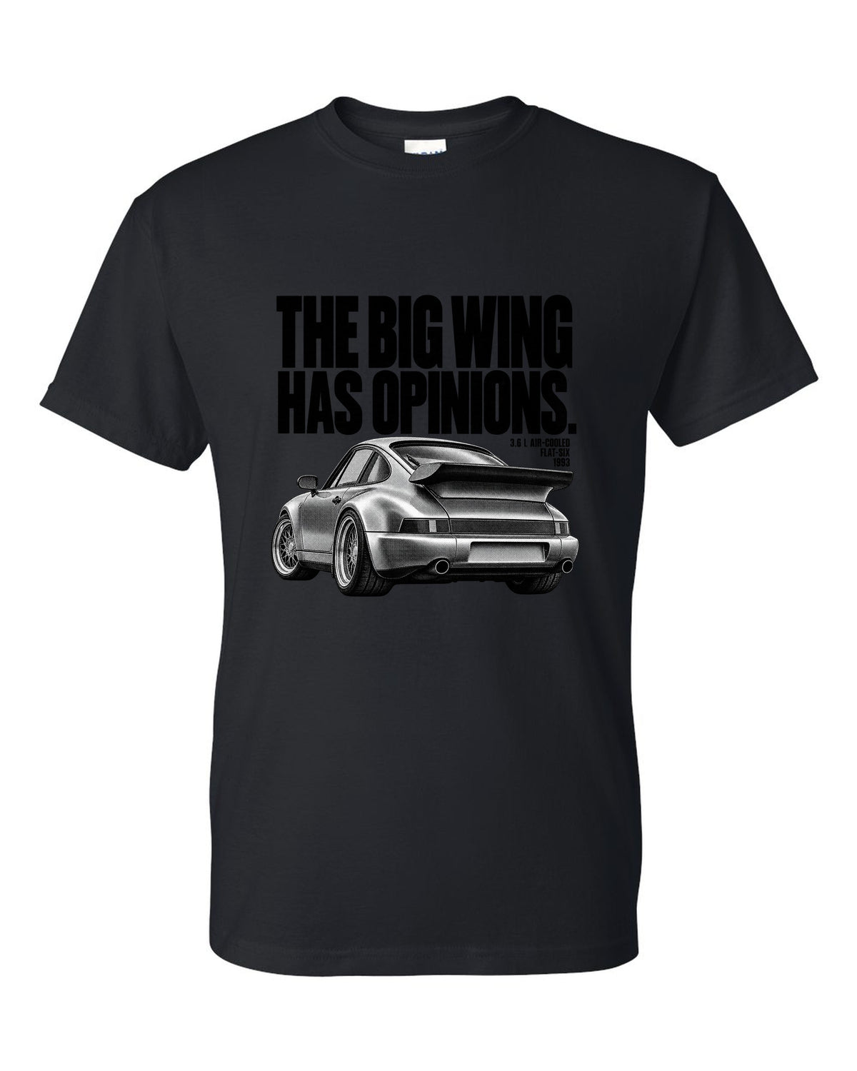 Halftone print of a Porsche 911 Turbo 3.6 964 with whale tail wing black t-shirt front view with the design