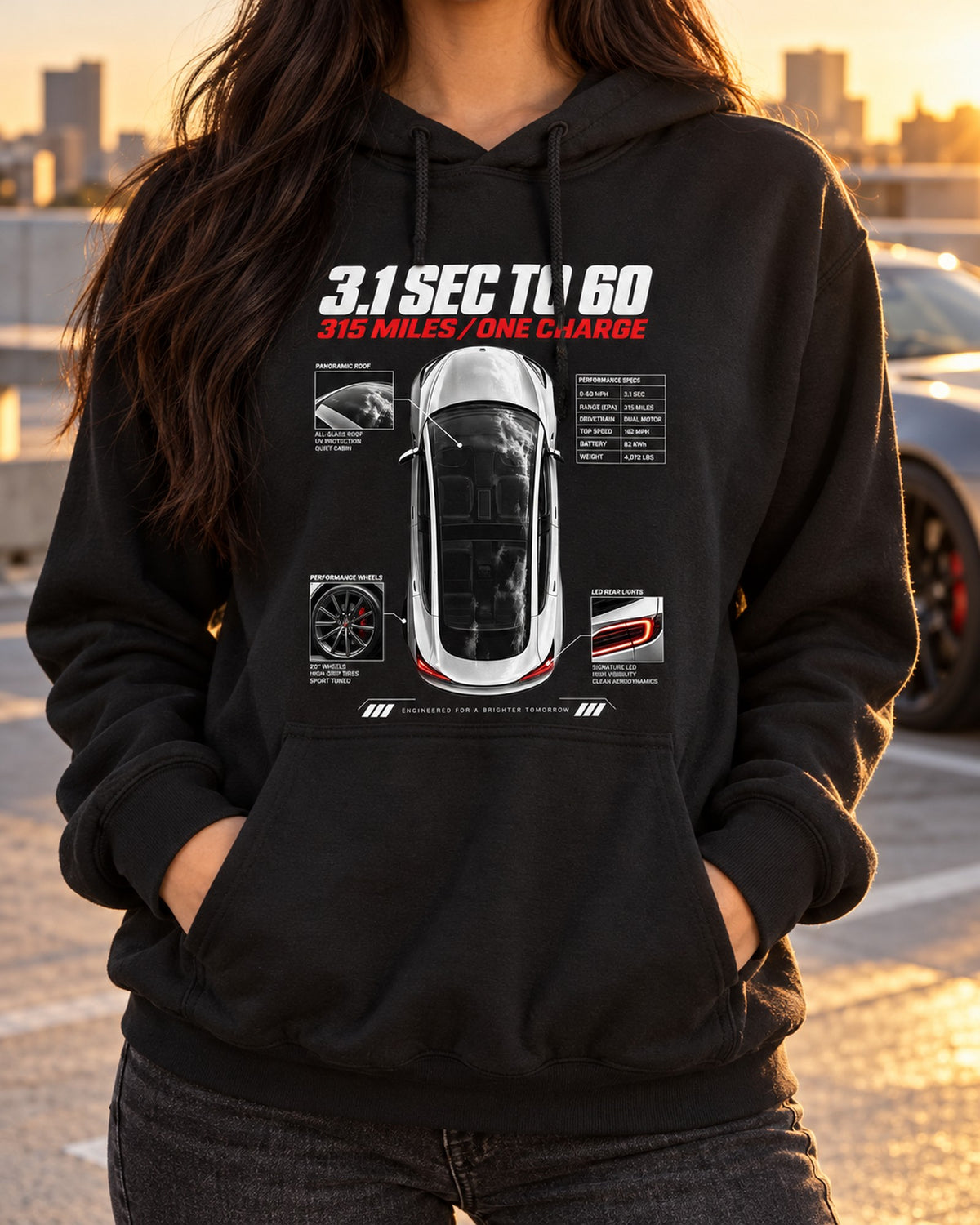 Tesla Model 3 Performance Top-Down Spec Poster Shirt Pull Over Hoodie Black worn hero