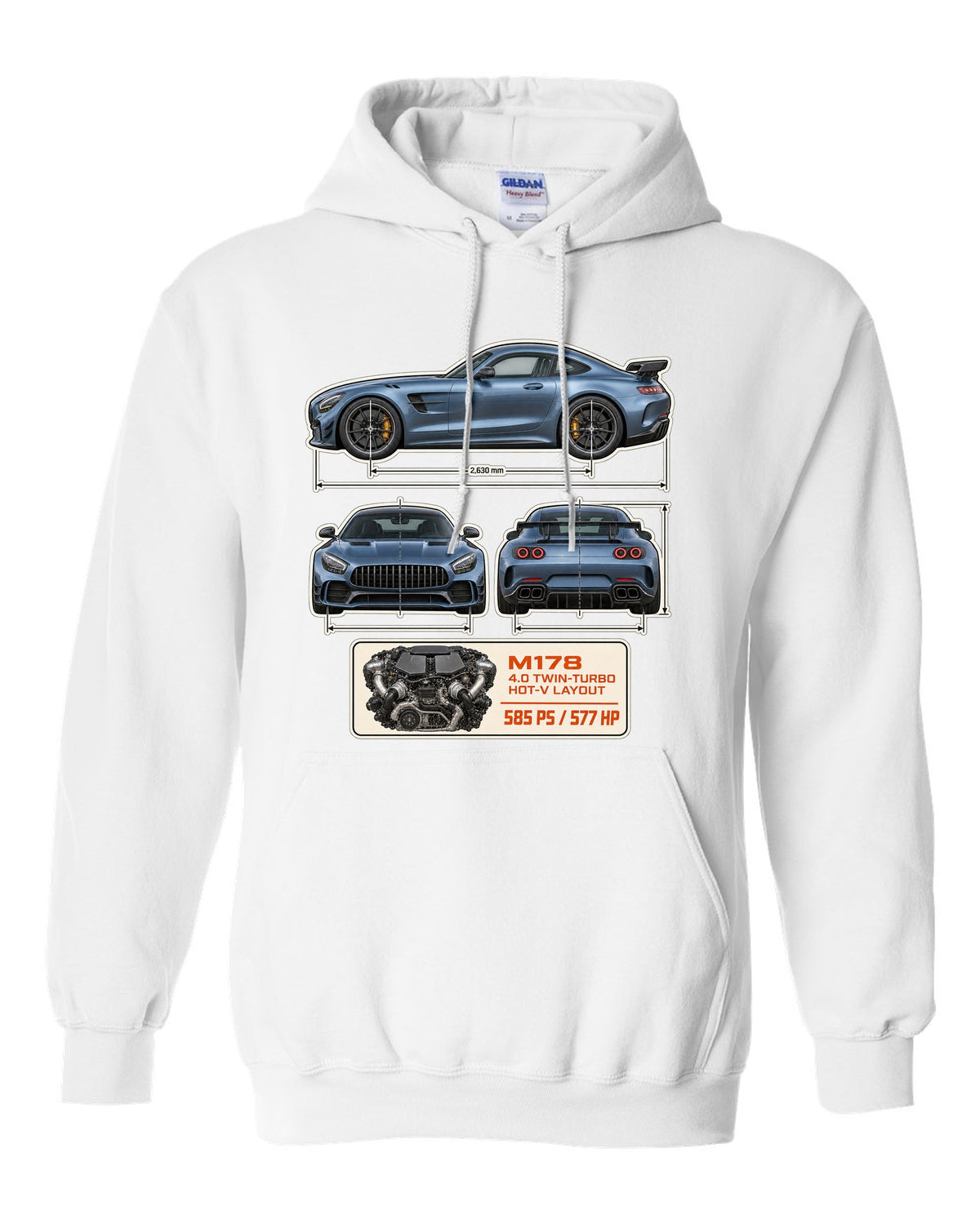 Mercedes-AMG GT R C190 dimension blueprint print white pull over hoodie front view with the design
