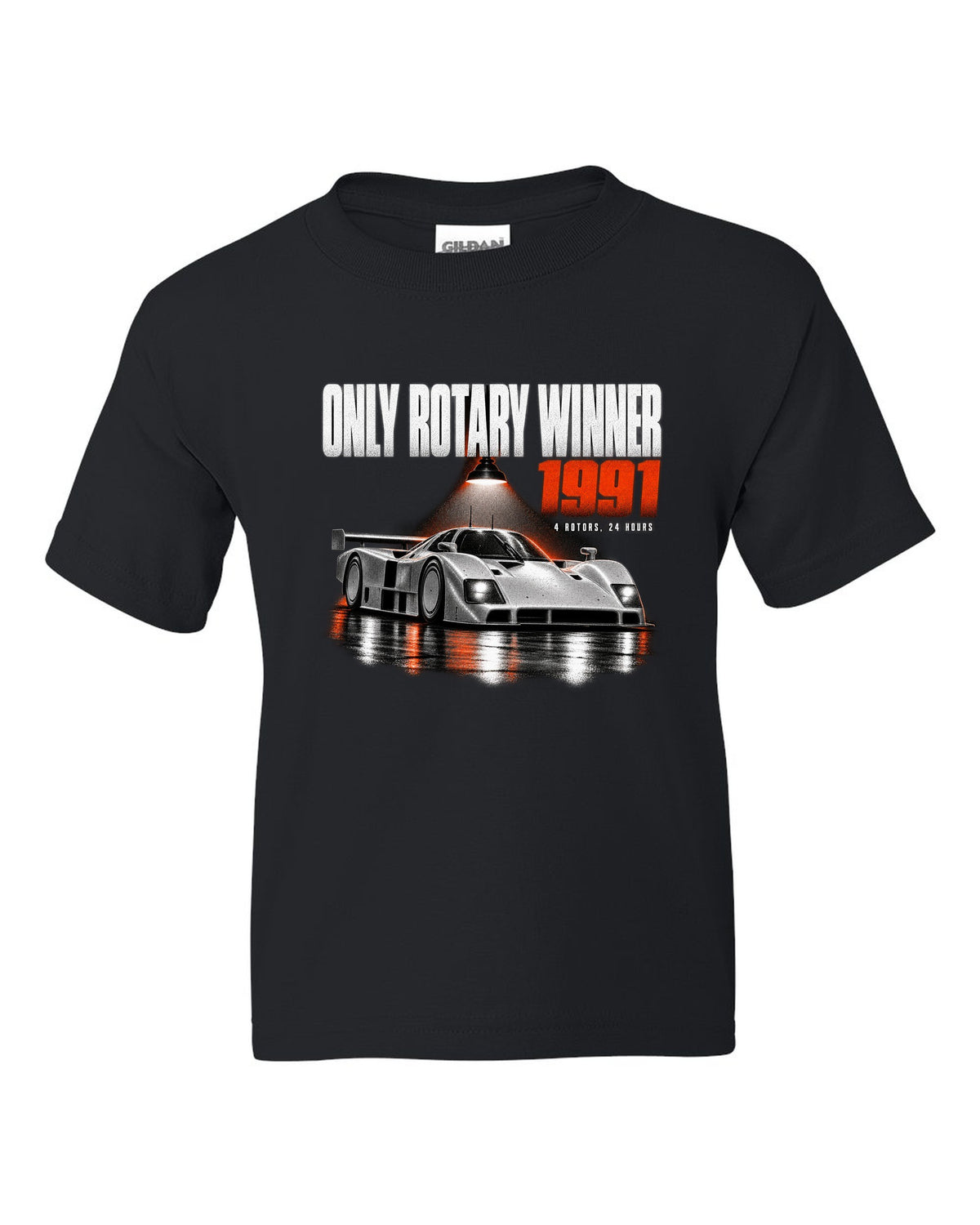 Mazda 787B in a dark garage with only rotary winner 1991 lettering black kids tee front view with the design