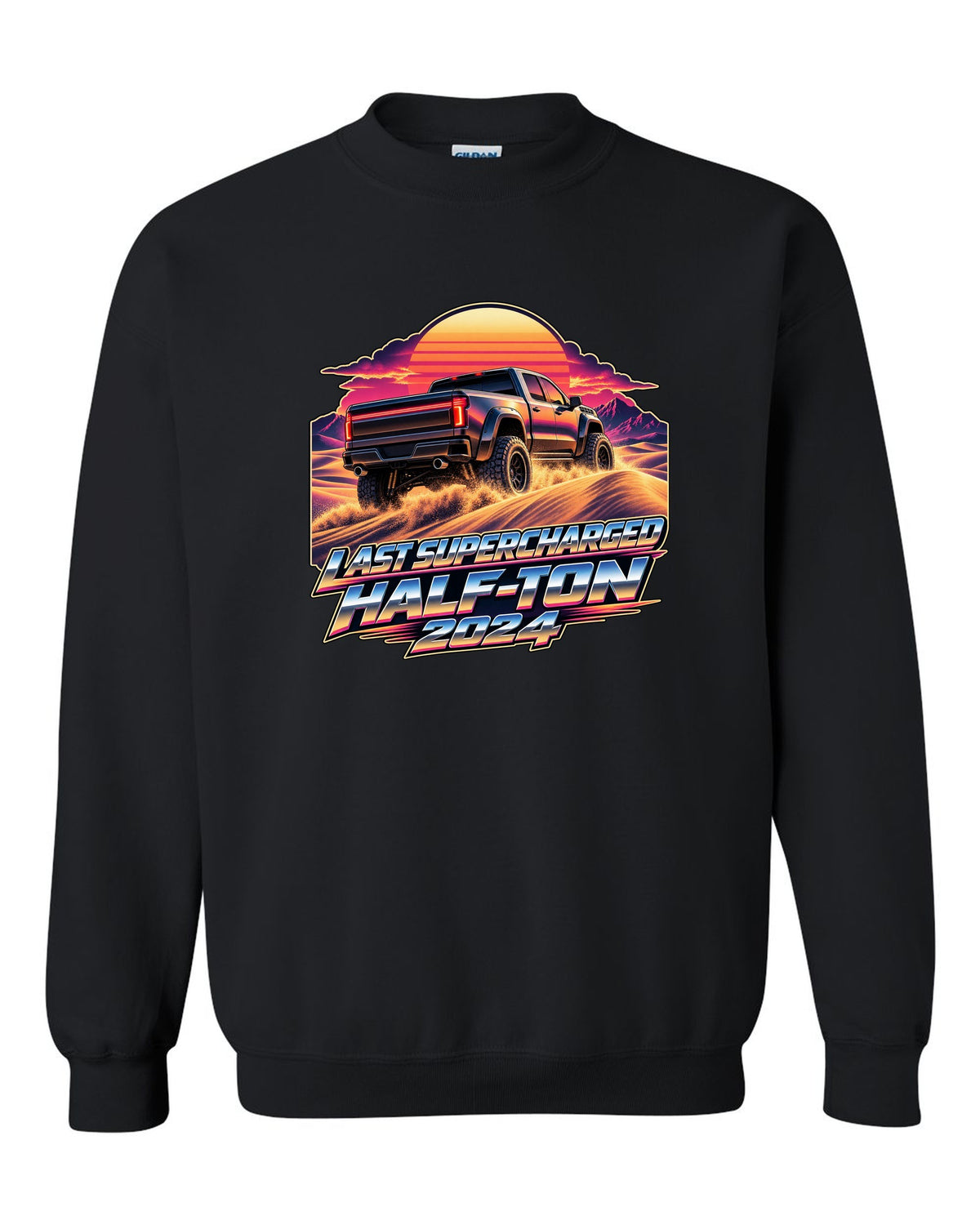 Retro 80s sunset print of a Ram 1500 TRX Final Edition on dunes black crewneck front view with the design
