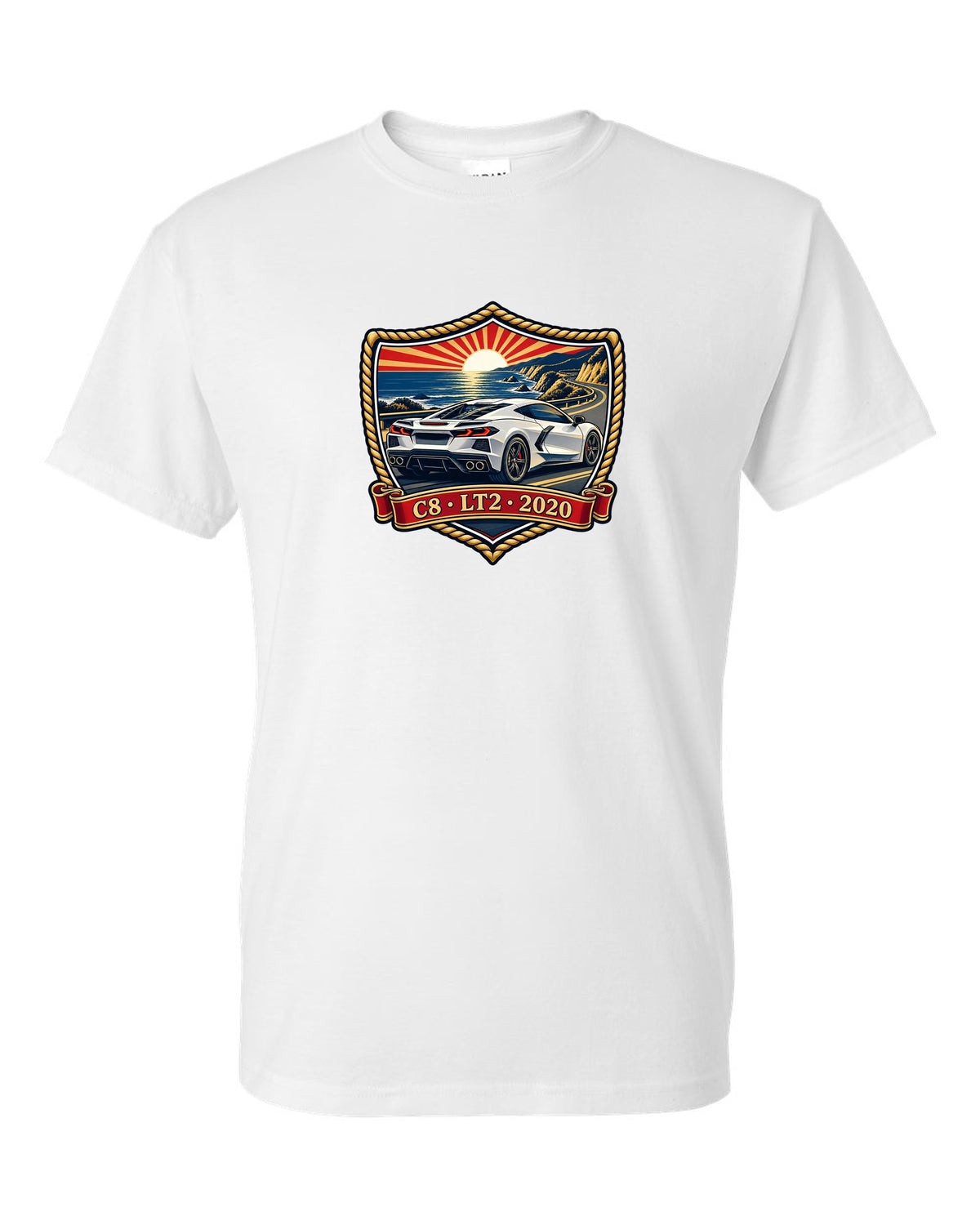 Shield crest design of a 2020 C8 mid-engine Corvette Stingray white t-shirt front view with the design