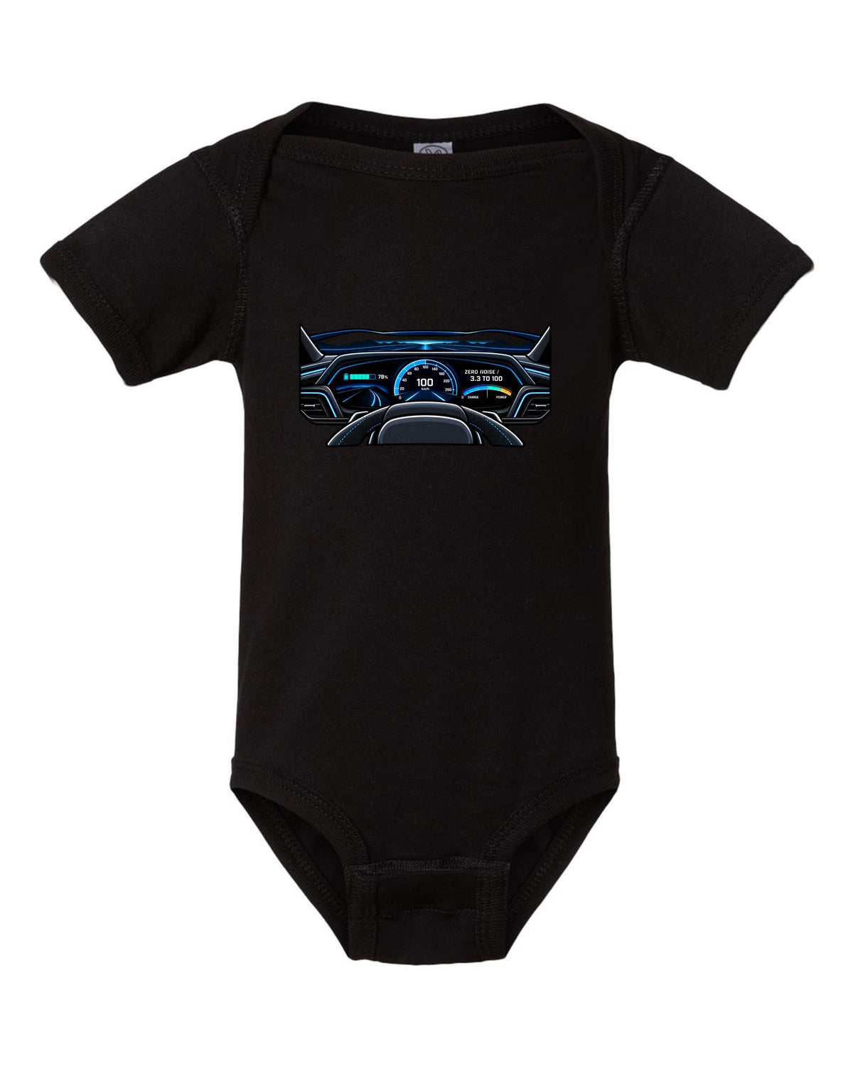 Flat gauge cluster print for the Audi e-tron GT with zero noise lettering black baby onesie front view with the design