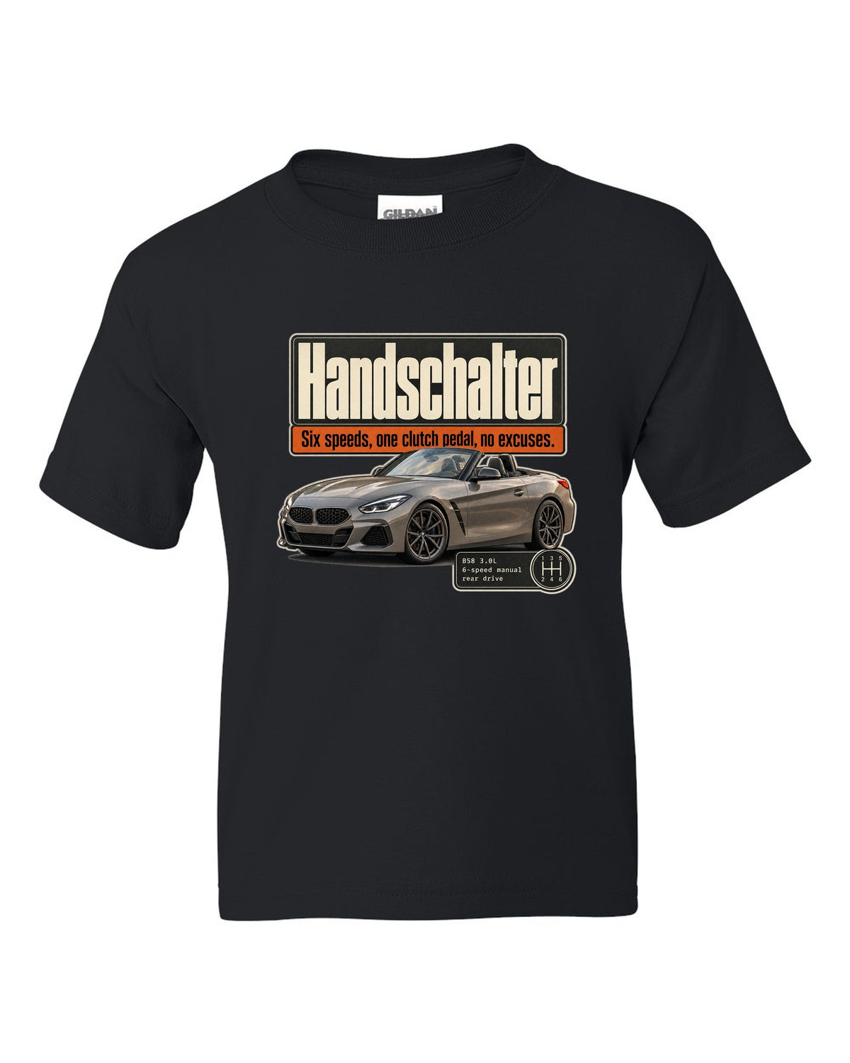 Editorial print for the BMW Z4 M40i six-speed manual labelled Handschalter black kids tee front view with the design