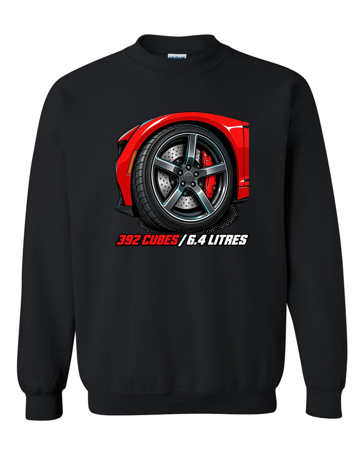 Bold monoline print with halftone shadow of a 2018 Dodge Challenger SRT 392 black crewneck front view with the design