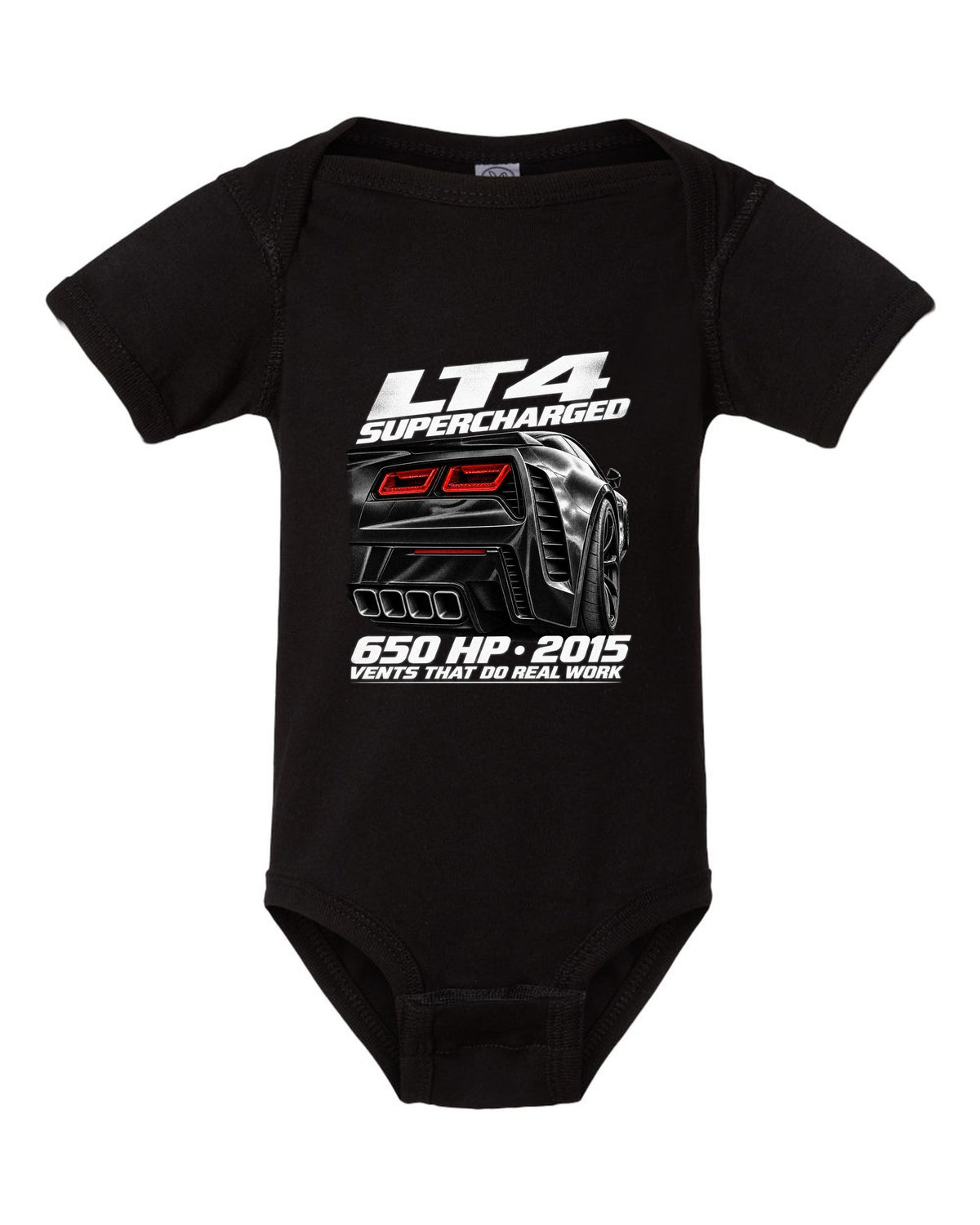 Corvette C7 Z06 rear vents close-up with LT4 650 HP text black baby onesie front view with the design