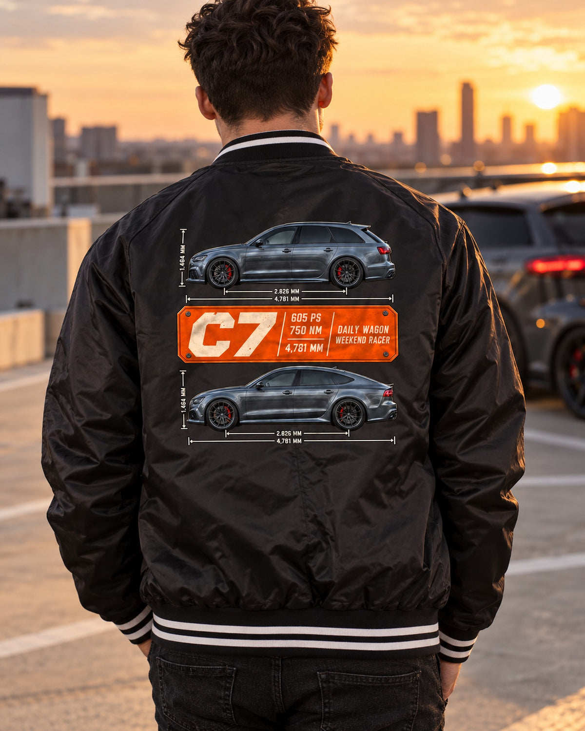 Audi RS4 Avant B9 Spec Poster Tee, 450 PS Daily Wagon Bomber Jacket Black worn hero