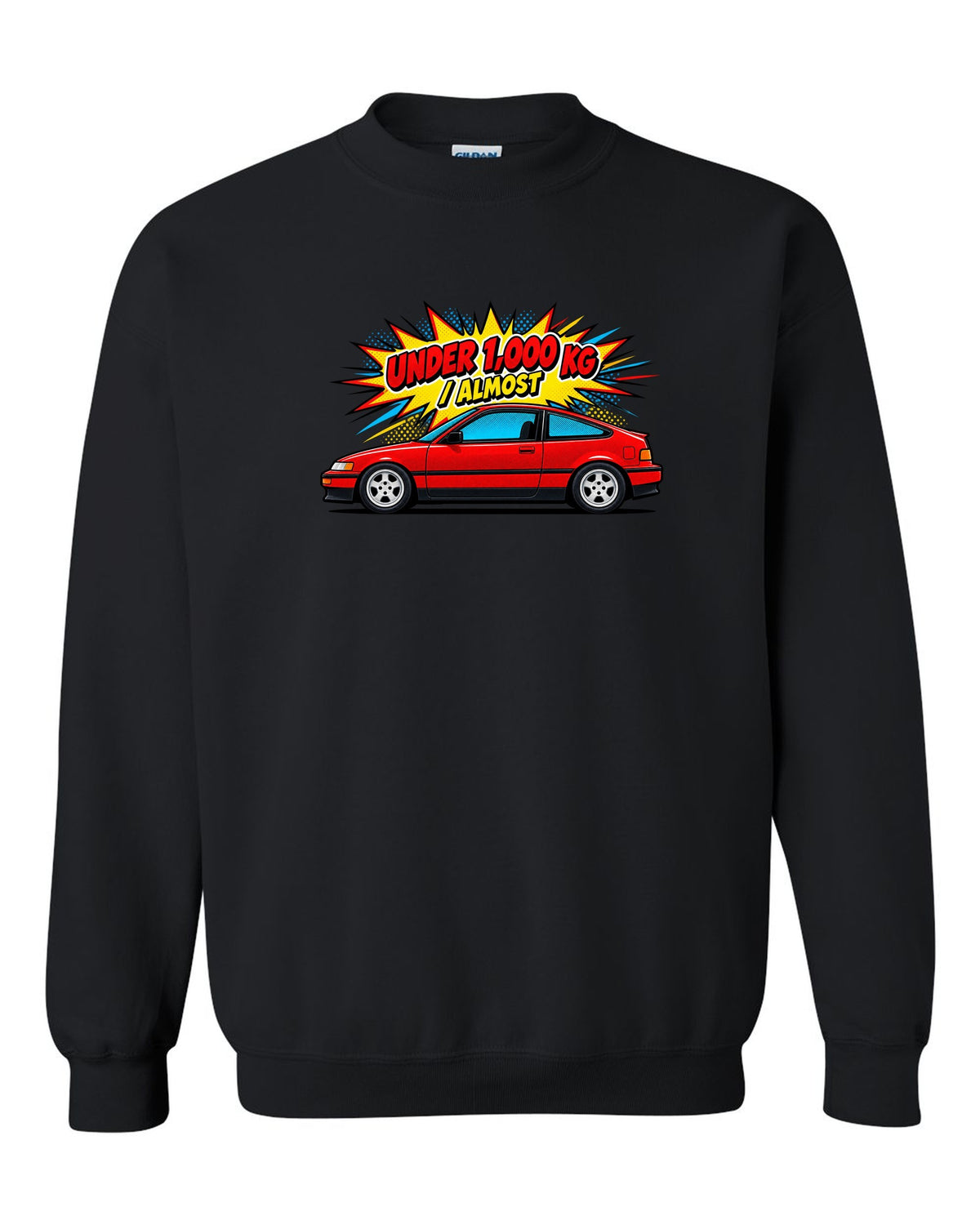 Pop-art Ben-Day halftone print of a Honda CRX EF8 Si with under 1,000 kg almost text black crewneck front view with the design