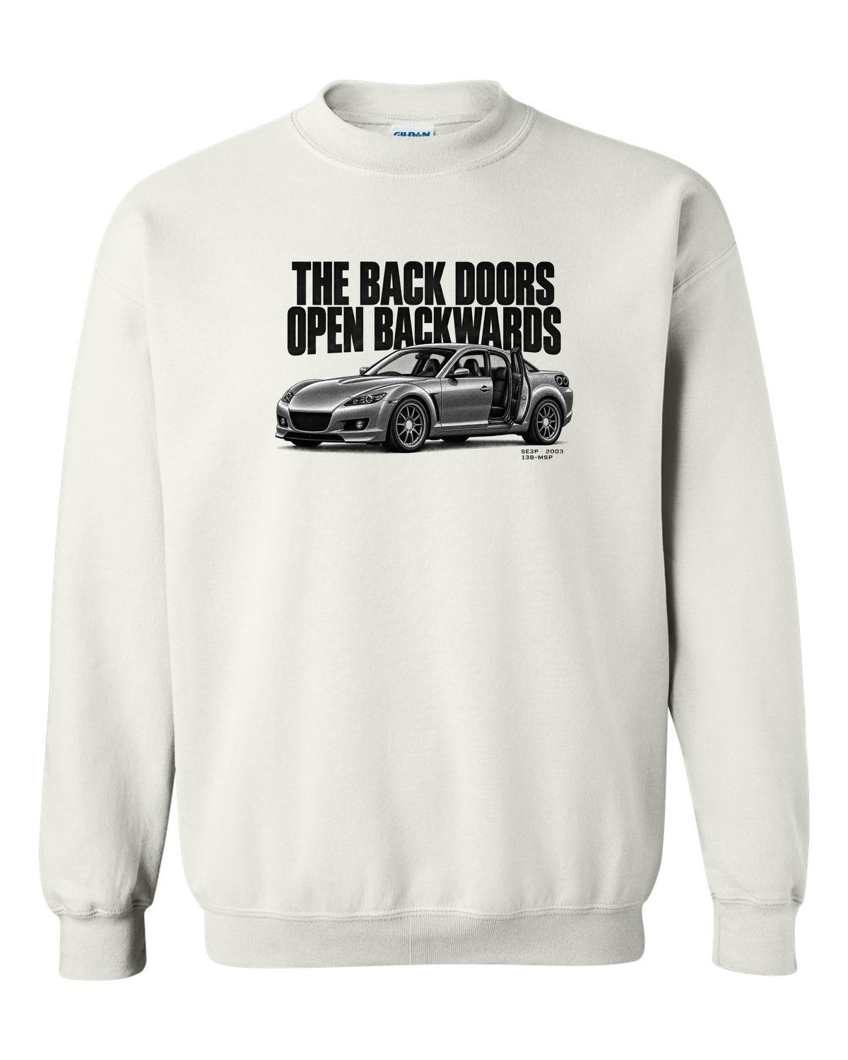 Halftone print of a Mazda RX-8 SE3P with back doors lettering white crewneck front view with the design