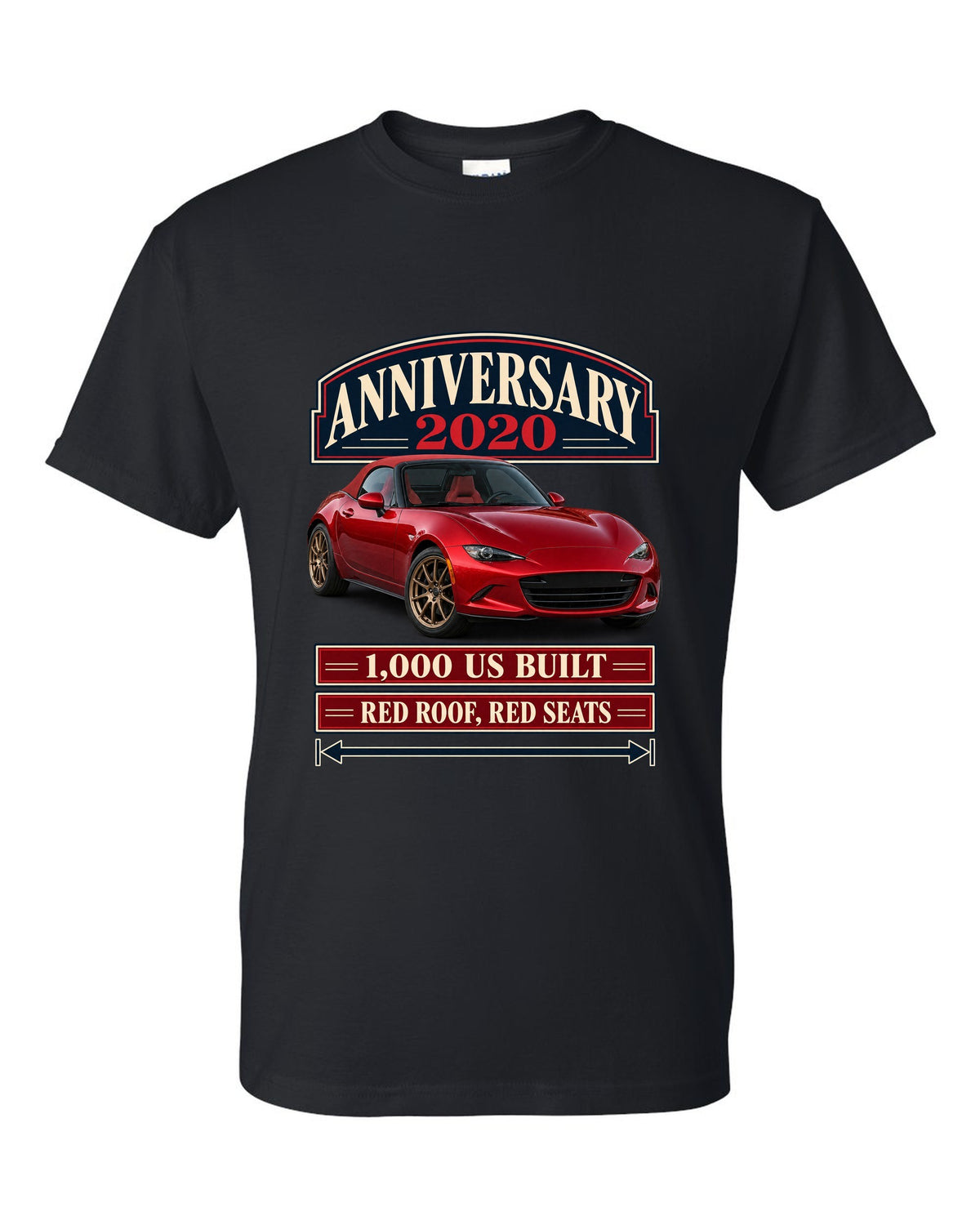 Archive panel layout of a 2020 Mazda MX-5 ND 100th Anniversary Edition with red roof and seats black t-shirt front view with the design