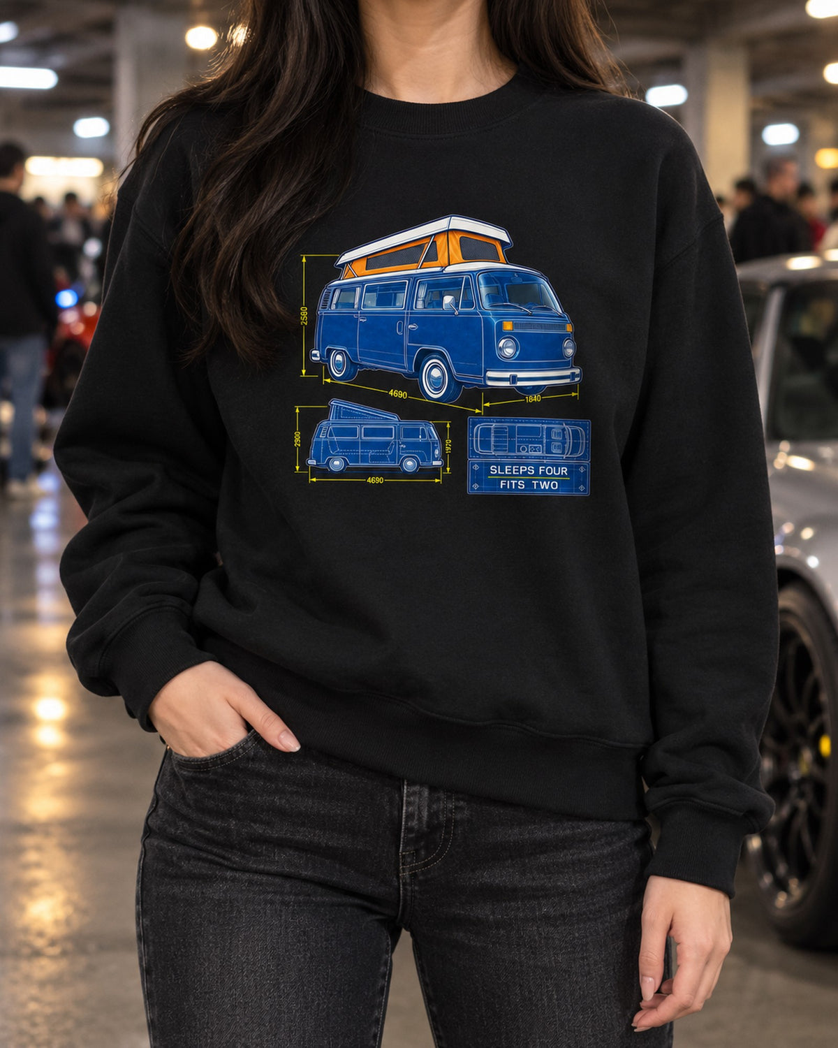 Bay Window T2 Camper Cyanotype Blueprint Shirt, Sleeps Four Crewneck Black worn hero