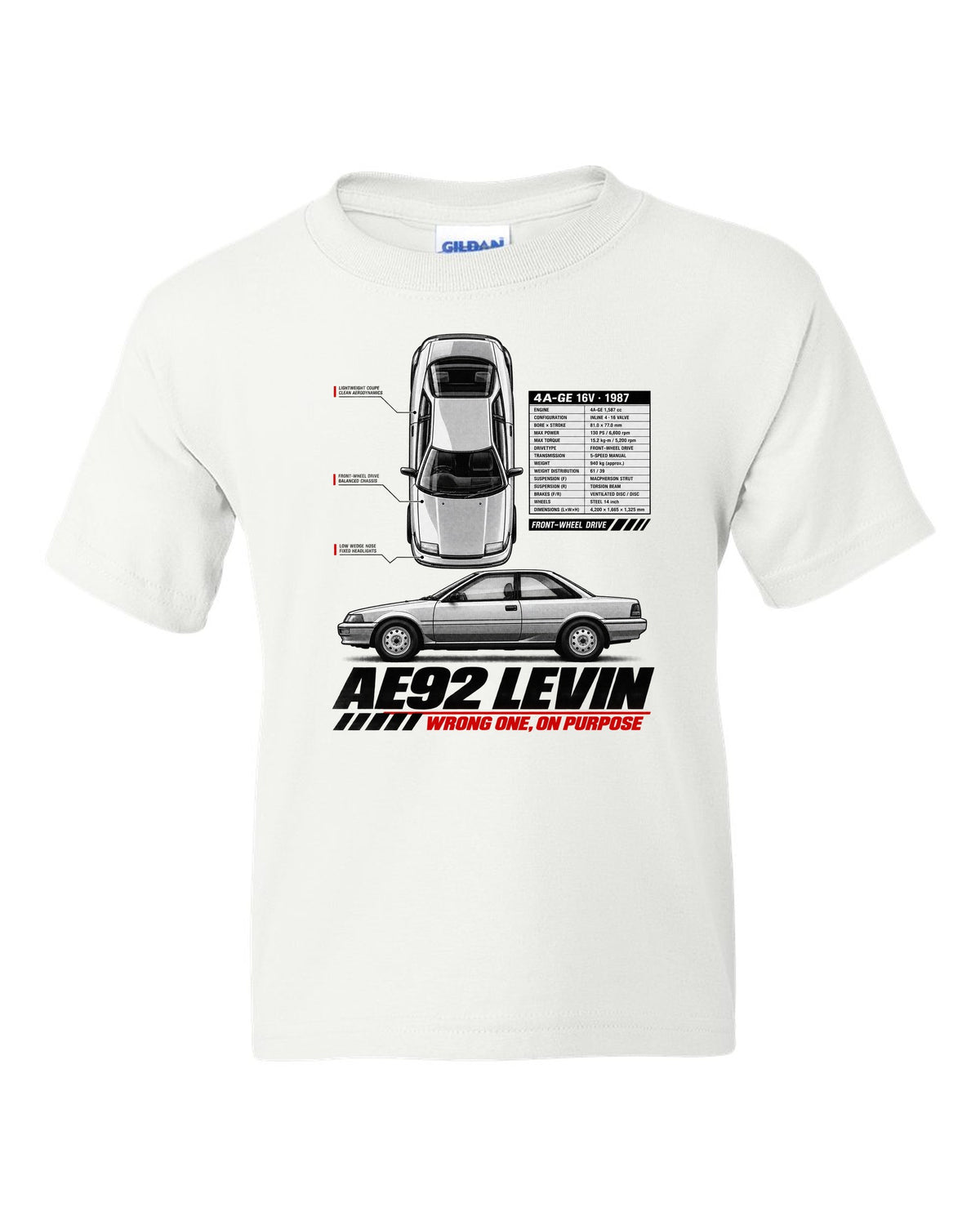 Spec poster print of a Toyota Corolla Levin AE92 with 4A-GE 16V and front-wheel drive text white kids tee front view with the design