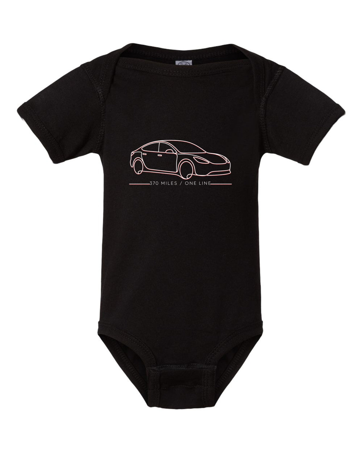 Continuous single-line contour drawing of a 2019 Tesla Model S Raven with the words 370 Miles One Line black baby onesie front view with the design