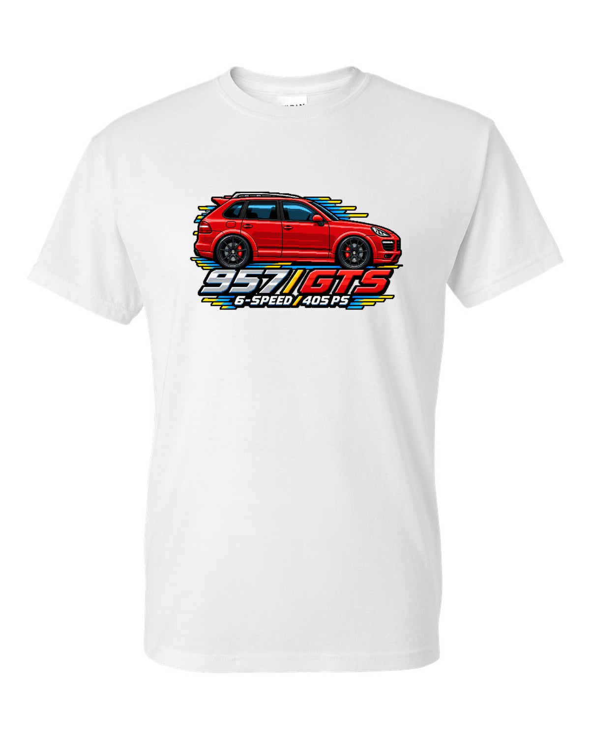 16-bit pixel art design of the Porsche Cayenne GTS 957 with 6-speed and 405 PS lettering white t-shirt front view with the design