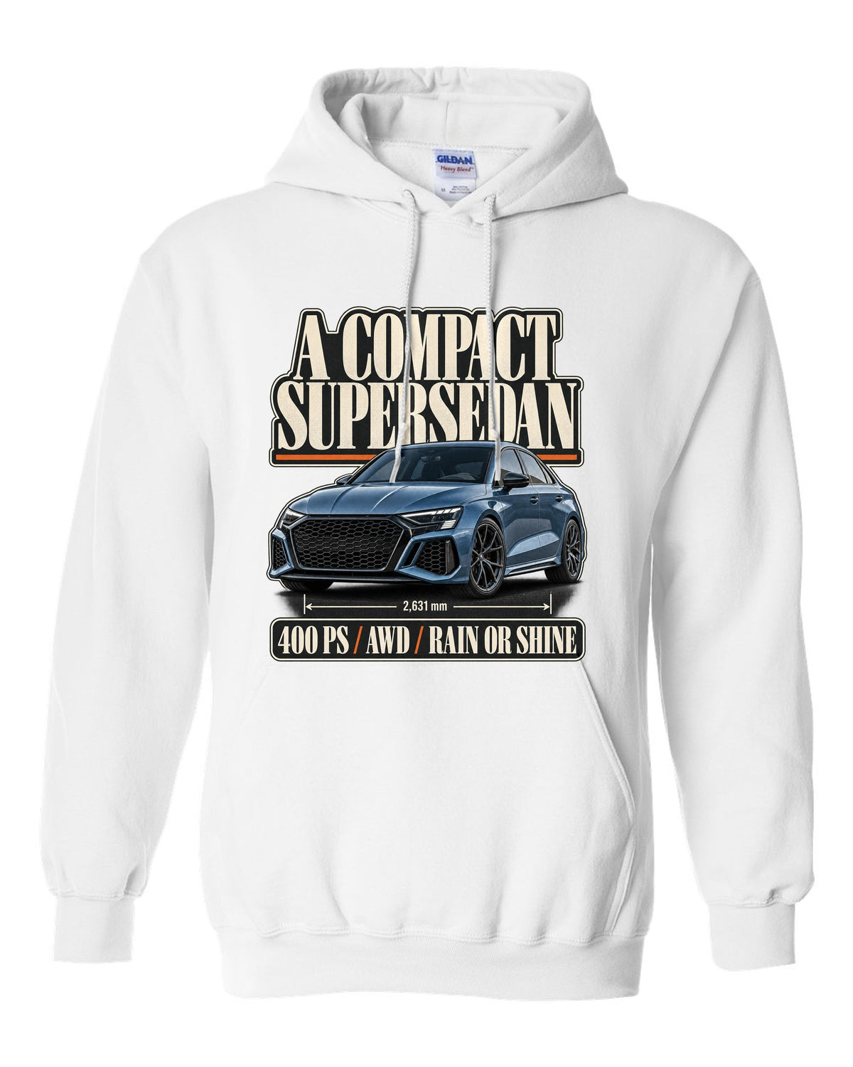 Editorial headline layout for the Audi RS3 8Y sedan, steel blue white pull over hoodie front view with the design