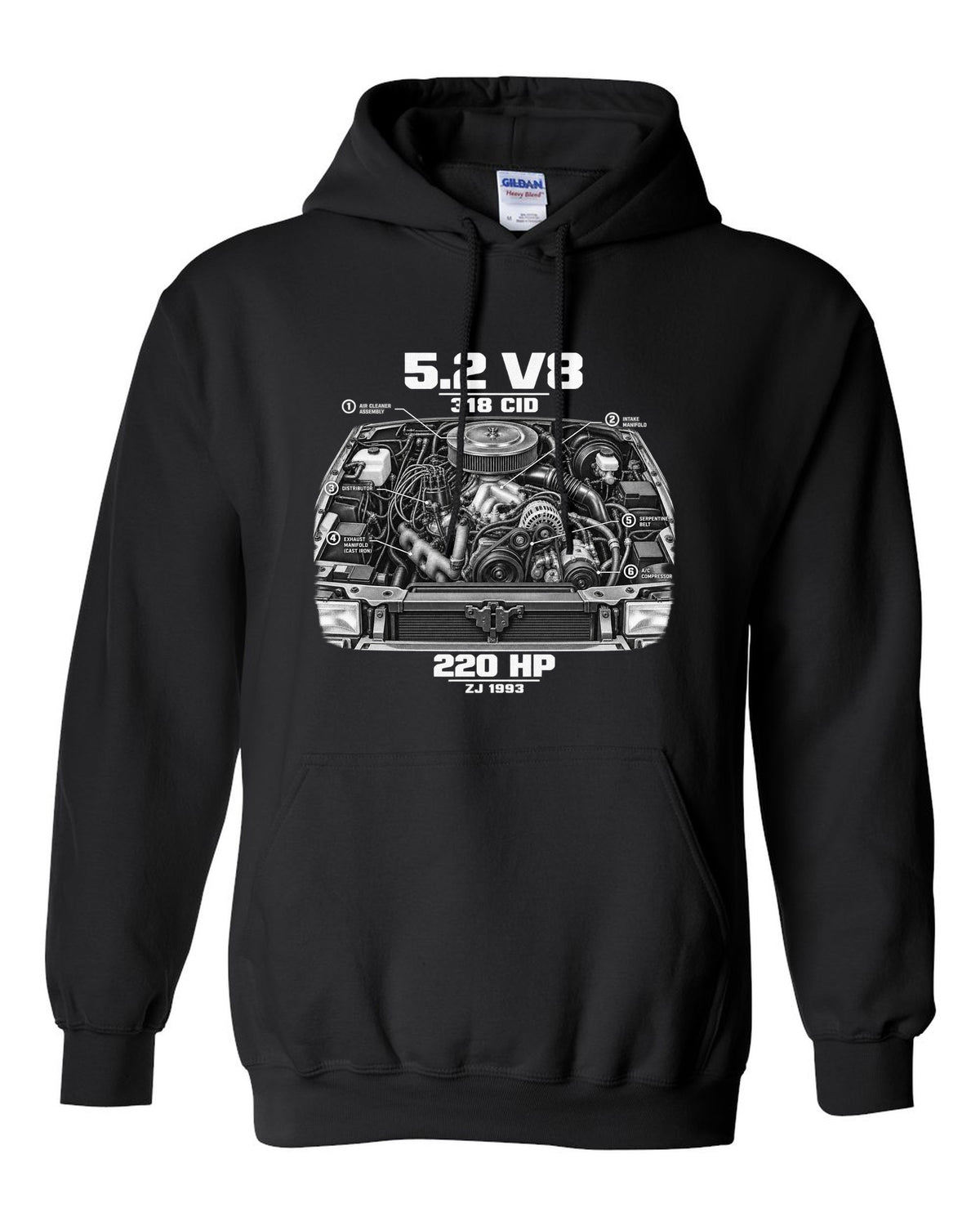 Jeep Grand Cherokee ZJ 5.2 V8 engine print with 318 CID text black pull over hoodie front view with the design