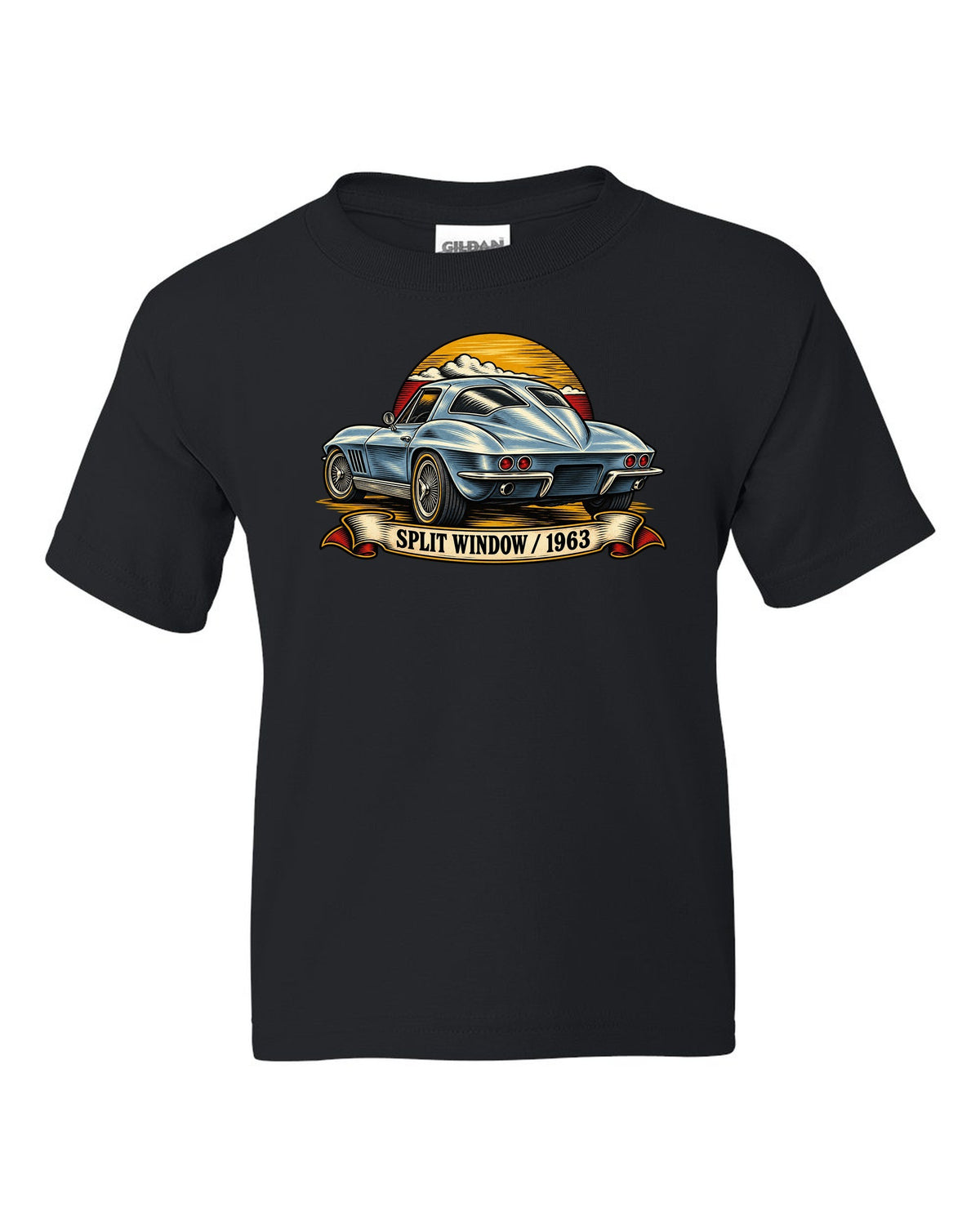 Woodcut linocut rear view print of the 1963 Corvette C2 Sting Ray split-window coupe black kids tee front view with the design