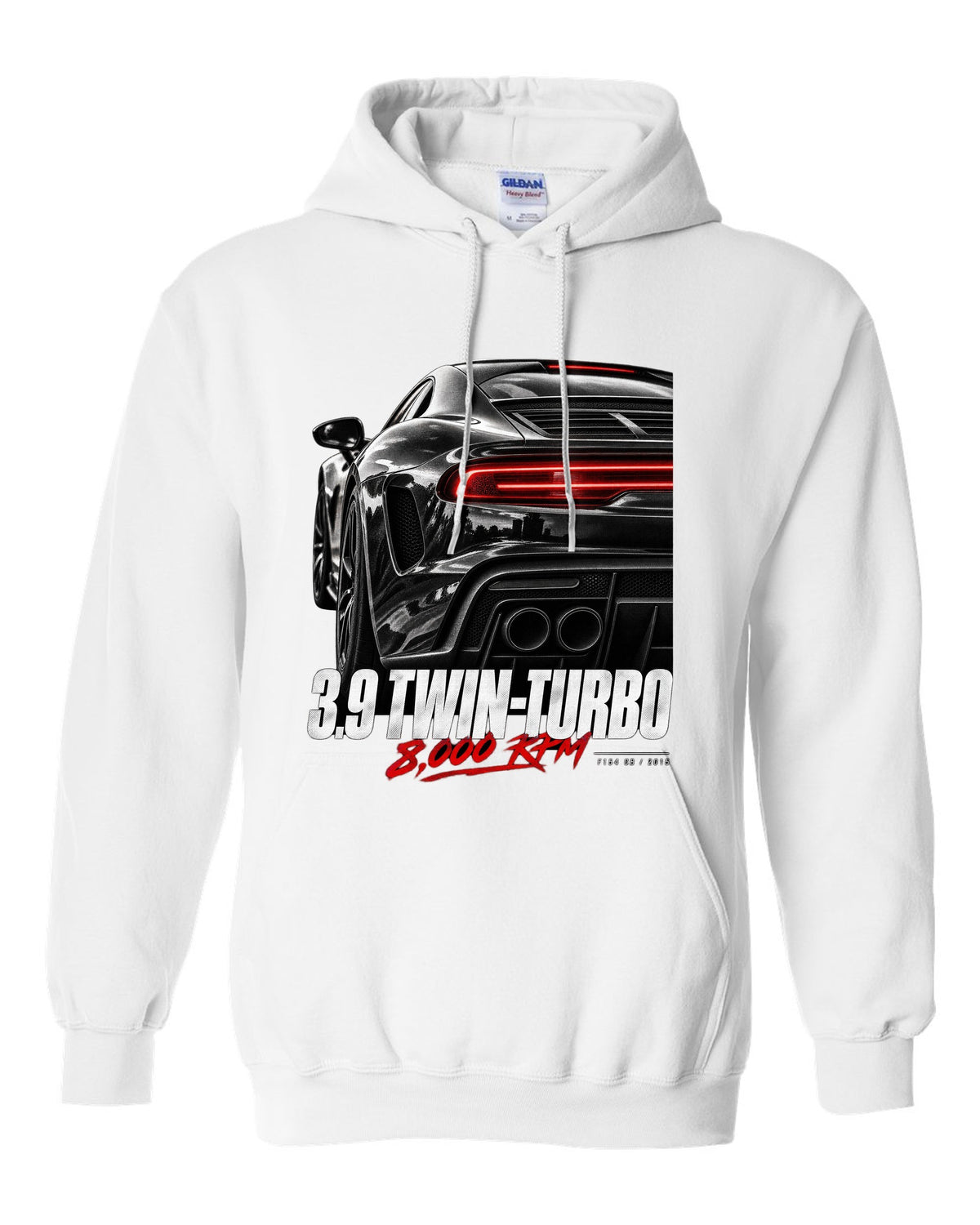 Macro print of a Ferrari 488 GTB rear with 3.9 twin-turbo and 8,000 rpm text white pull over hoodie front view with the design