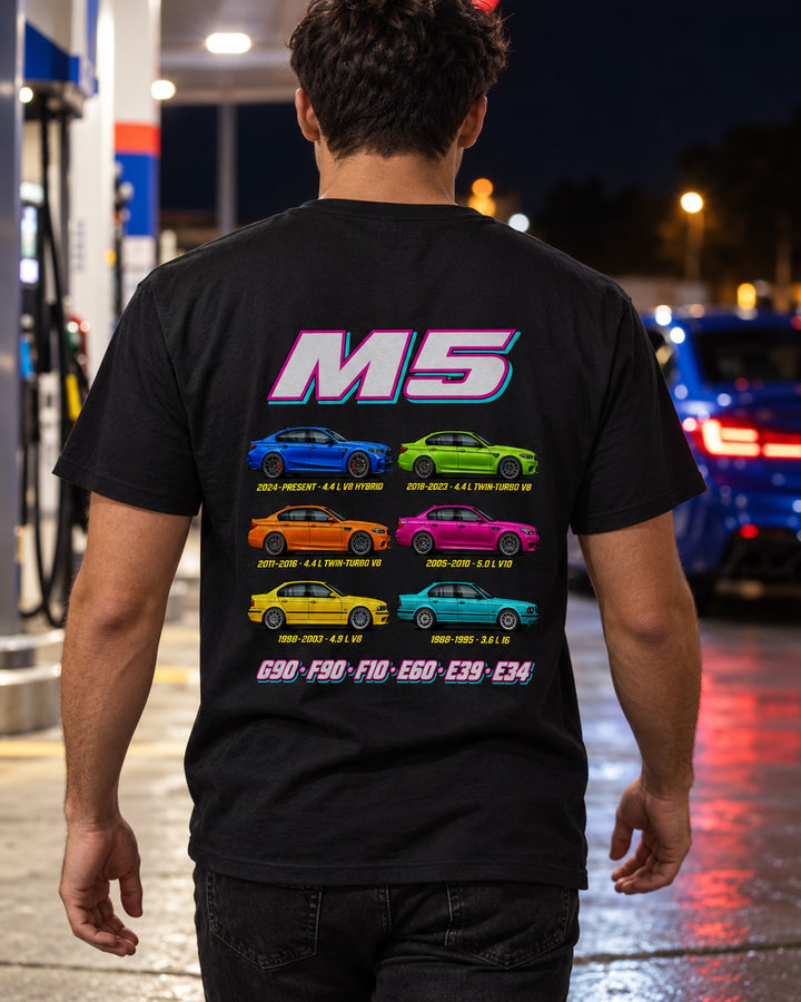 BMW M5 Evolution Poster Full-Back Graphic Tee T-Shirt Black worn hero