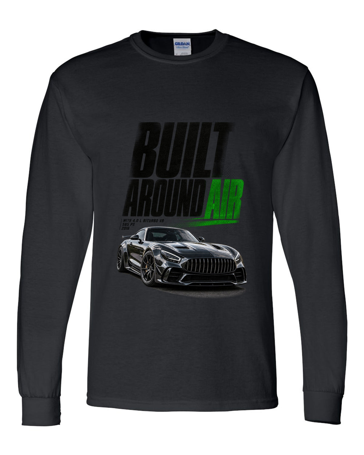 Halftone statement print of a Mercedes-AMG GT R C190 with Built Around Air lettering black long sleeve front view with the design