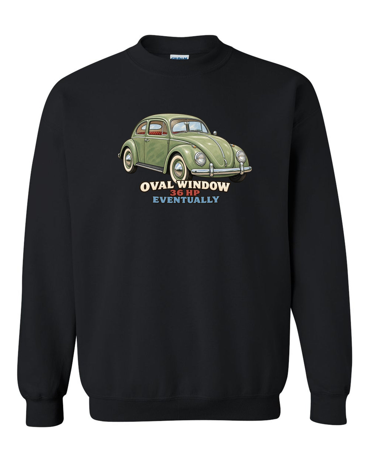 Gouache painted print of a 1956 VW Beetle Type 1 oval window with 36 HP lettering black crewneck front view with the design
