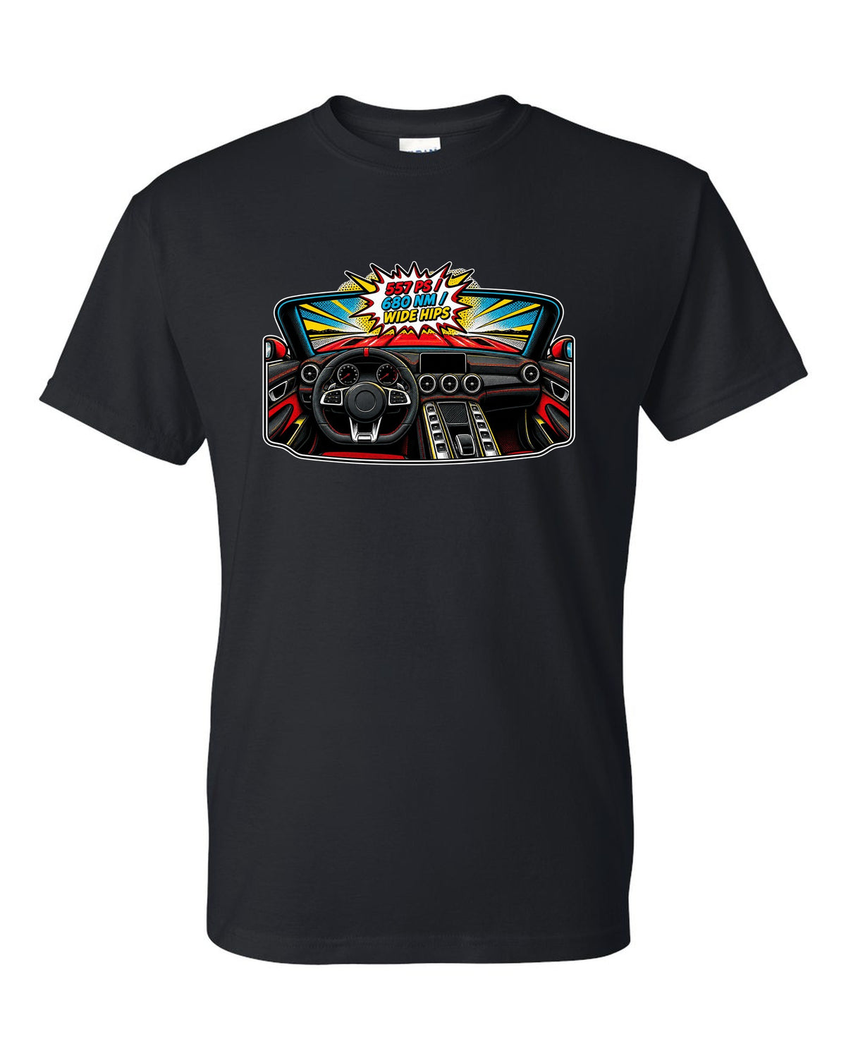 Isometric topographic route map of the Nordschleife with Flugplatz and Schwedenkreuz text for a Mercedes AMG GT C190 black t-shirt front view with the design