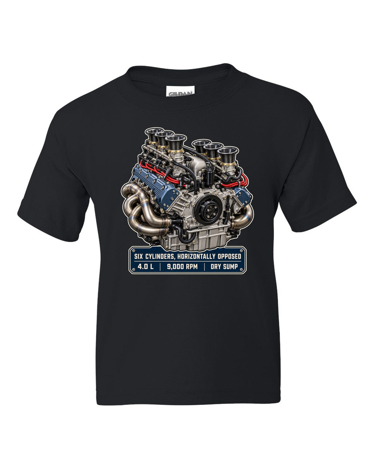 Porsche 992 GT3 RS 4.0 flat-six engine hero print design black kids tee front view with the design