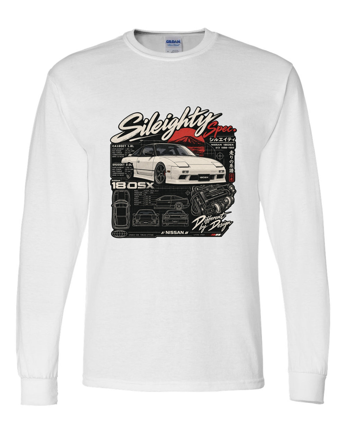 Spec-sheet data plate print for the Nissan 180SX S13 listing CA18DET and SR20DET engines white long sleeve front view with the design