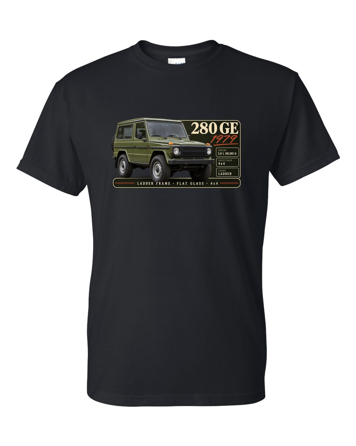 Archive panel print of a 1979 Mercedes 280 GE W460 with ladder frame, flat glass and 4x4 lettering black t-shirt front view with the design