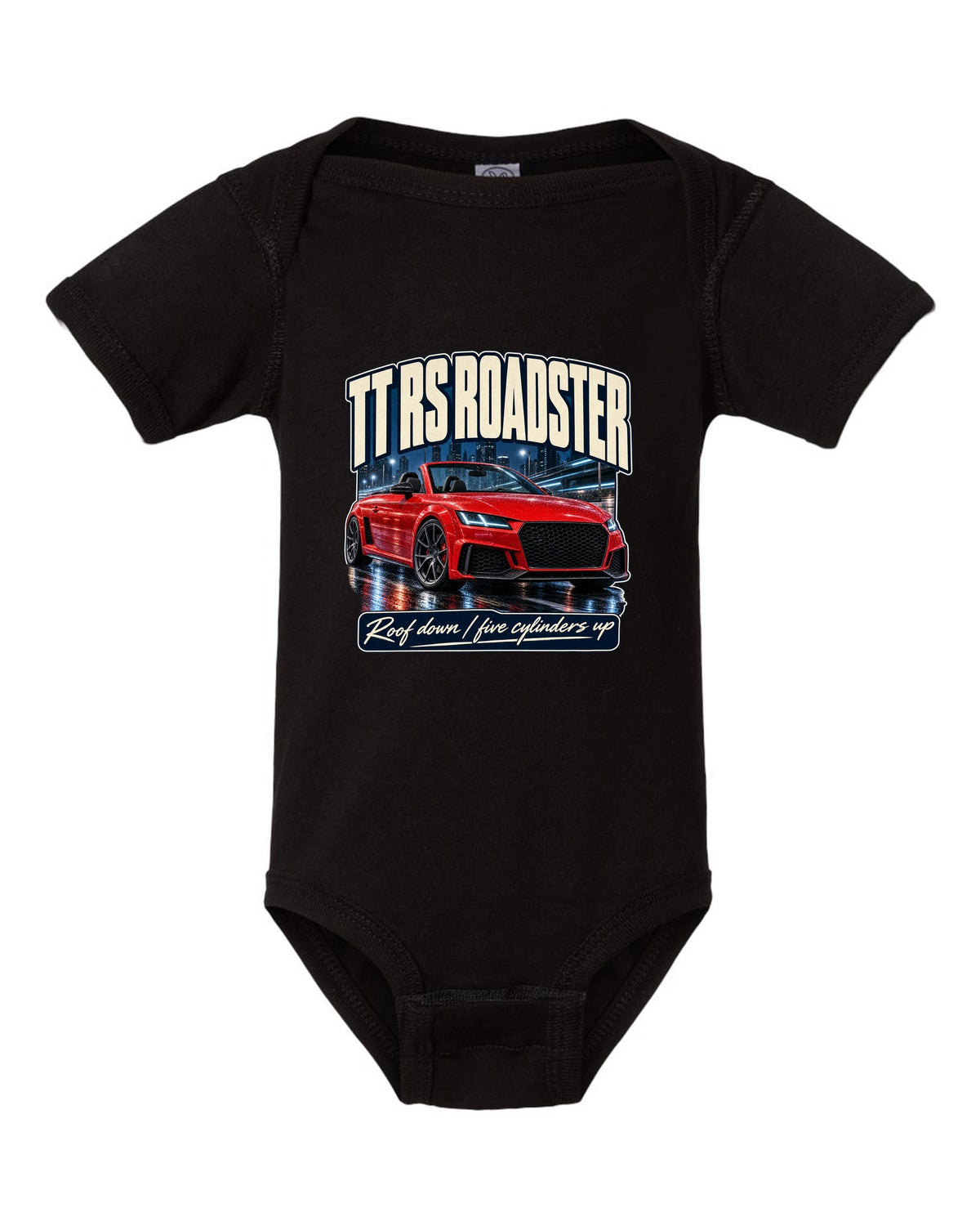 Audi TT RS Roadster 8S street poster print, roof down black baby onesie front view with the design