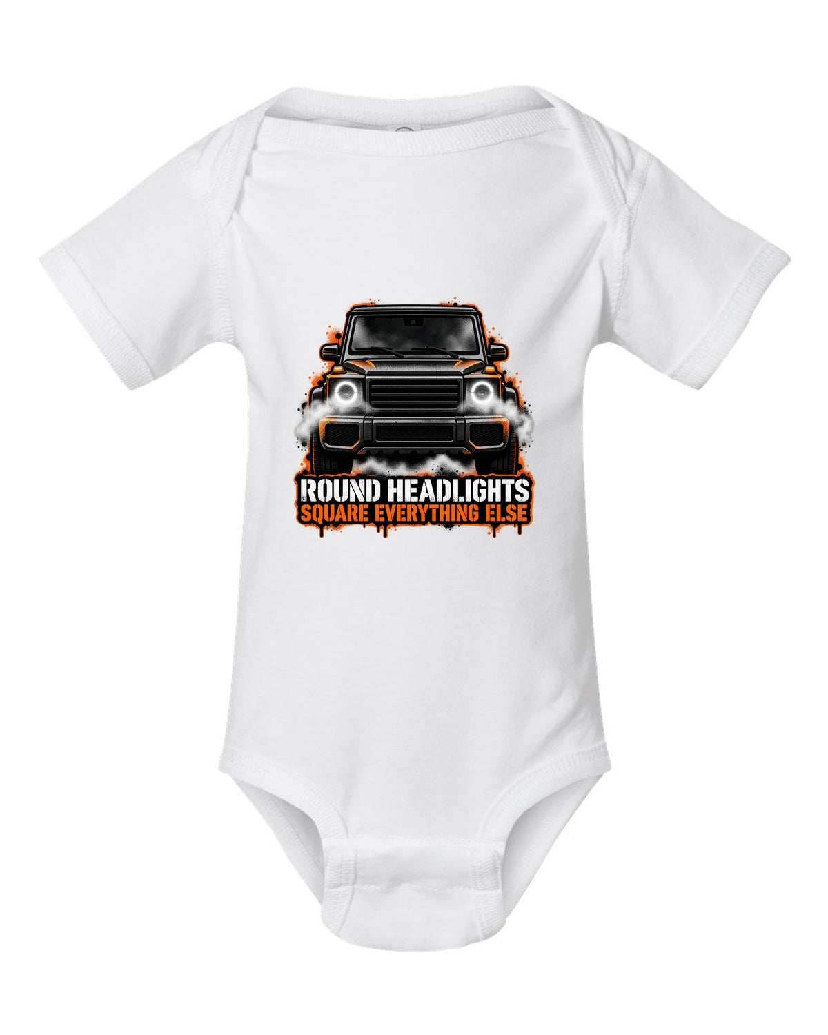 Sticker-bomb collage graphic with the word Clunk for a Mercedes G-Class W463, print white baby onesie front view with the design