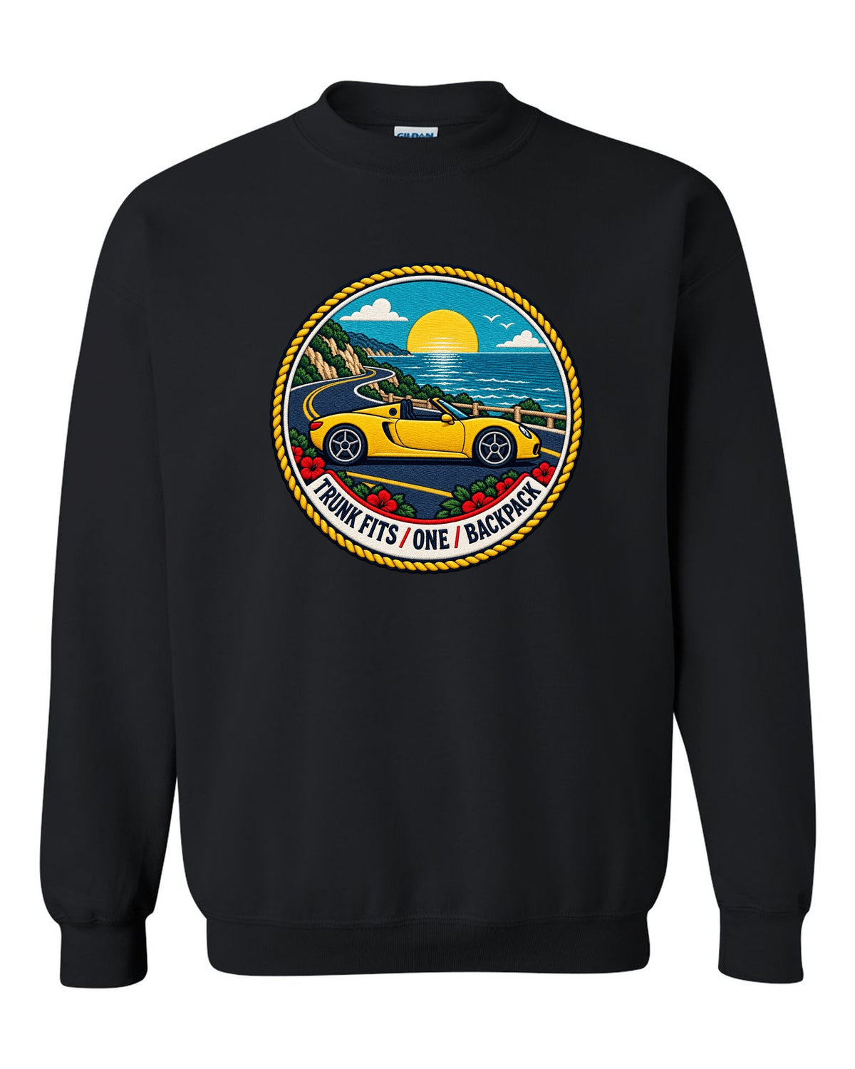 Varsity crest design for the Toyota MR2 W30 MR-S open roadster black crewneck front view with the design