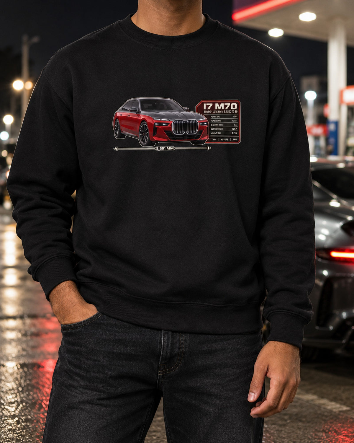 BMW i7 M70 xDrive G70 Spec Poster Shirt, 650 PS Print Crewneck Black worn hero