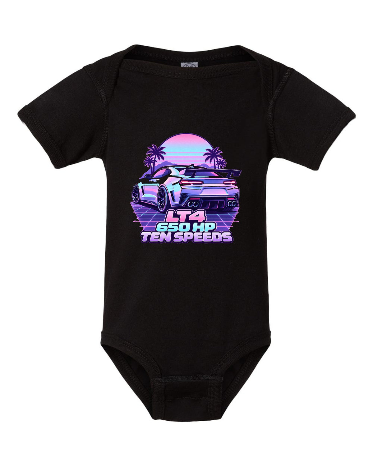 2019 Chevrolet Camaro ZL1 LT4 vaporwave pastel print with 650 HP text black baby onesie front view with the design