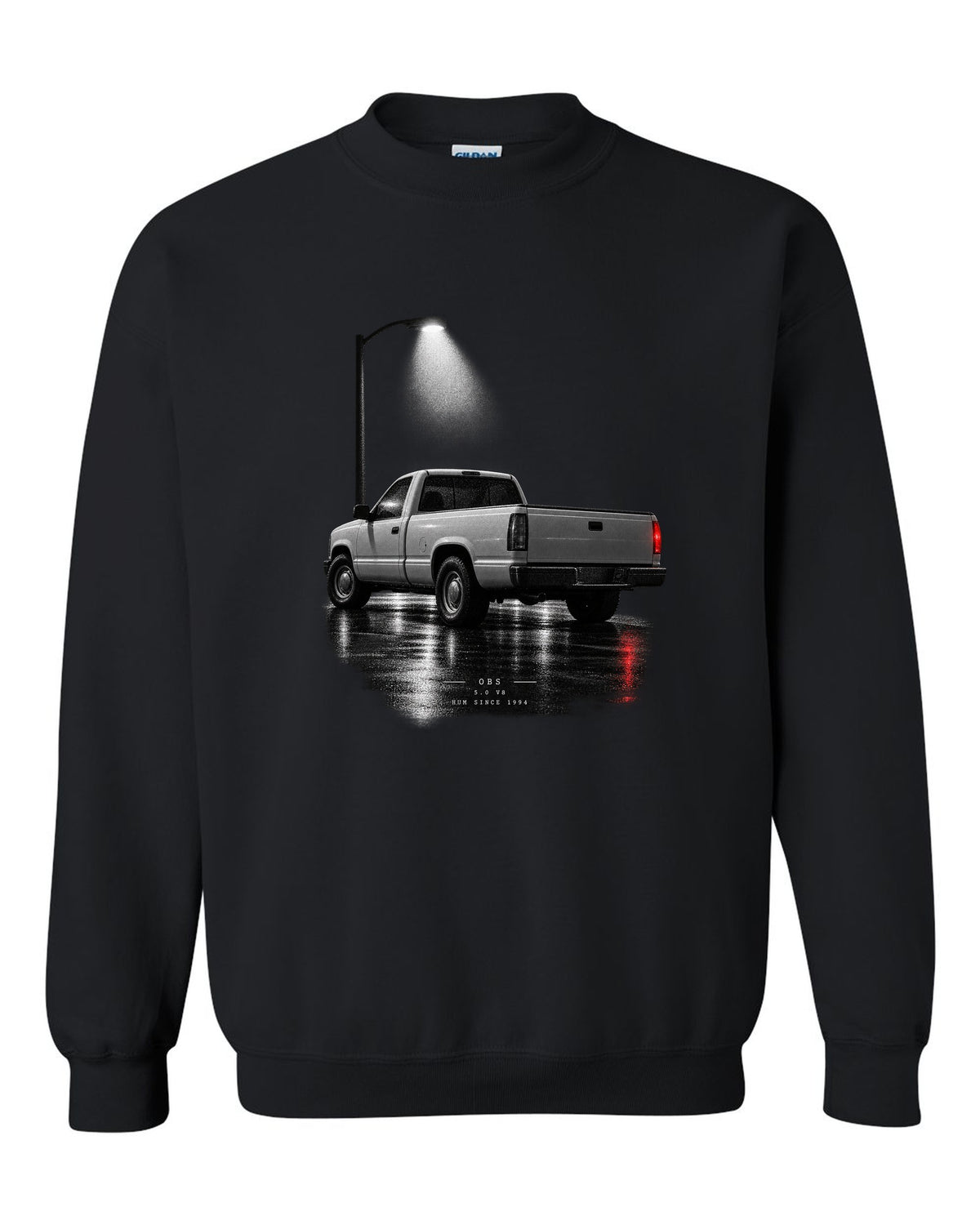 Night garage print of a 1992-97 Ford F-150 OBS truck with 5.0 V8 lettering black crewneck front view with the design